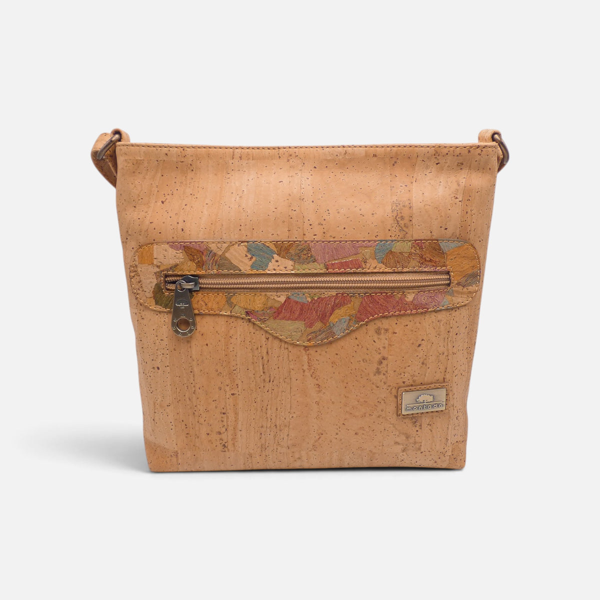 Sac épaule en liège à poche Marmore, patchwork ocre rouge et bleu