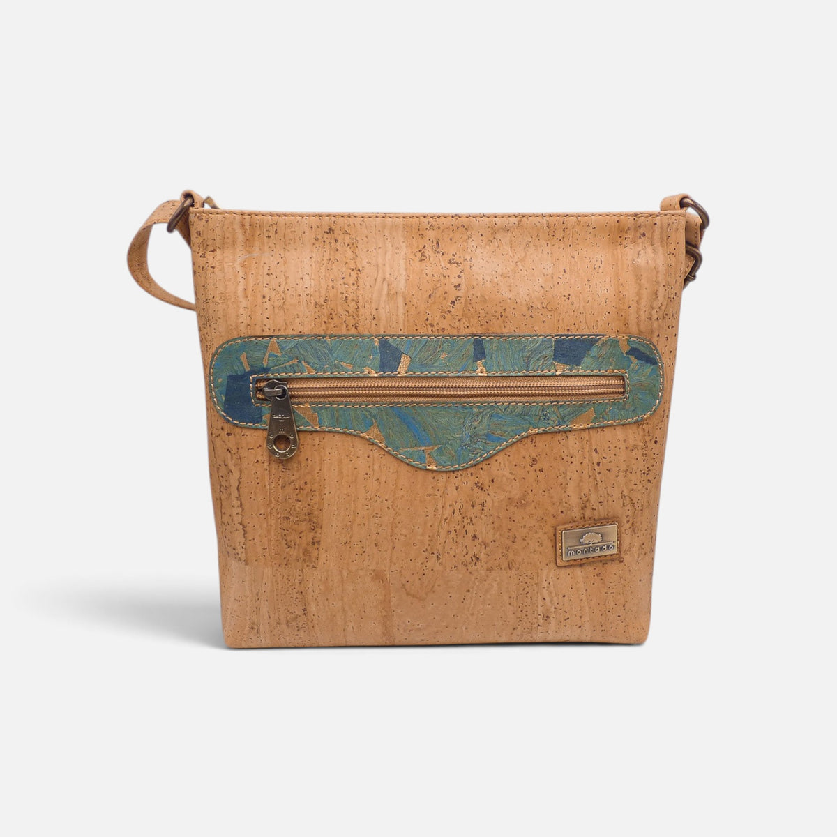 Sac épaule en liège à poche Oceano, mosaïque bleu vert sur fond naturel