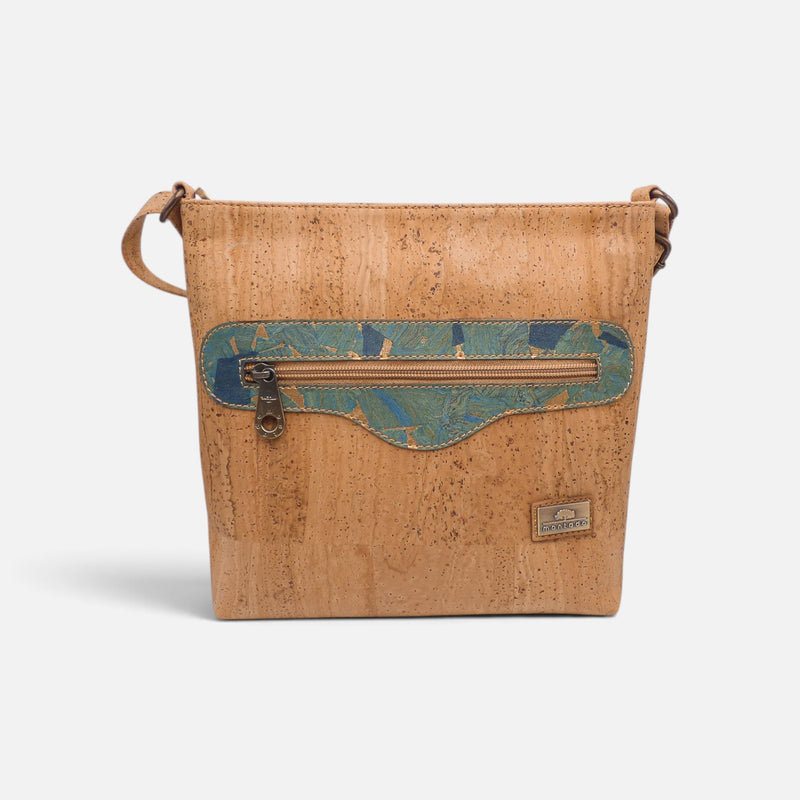 Sac épaule en liège à poche Oceano, mosaïque bleu vert sur fond naturel