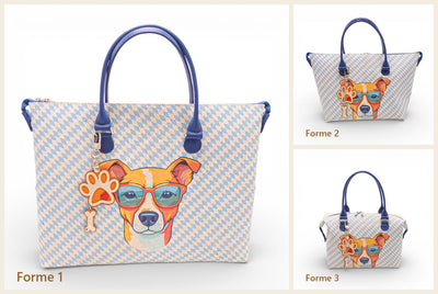 Sac à main modulable en liège Dog Lover montré dans ses trois formes : cabas à plat, évasé en V et boule