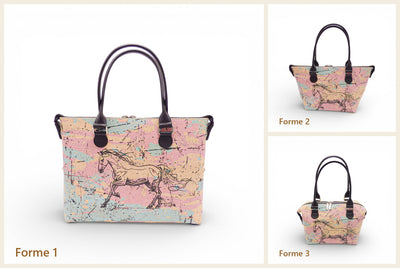 Sac à main modulable en liège Pink Horse montré dans ses trois formes : cabas à plat, évasé en V et boule