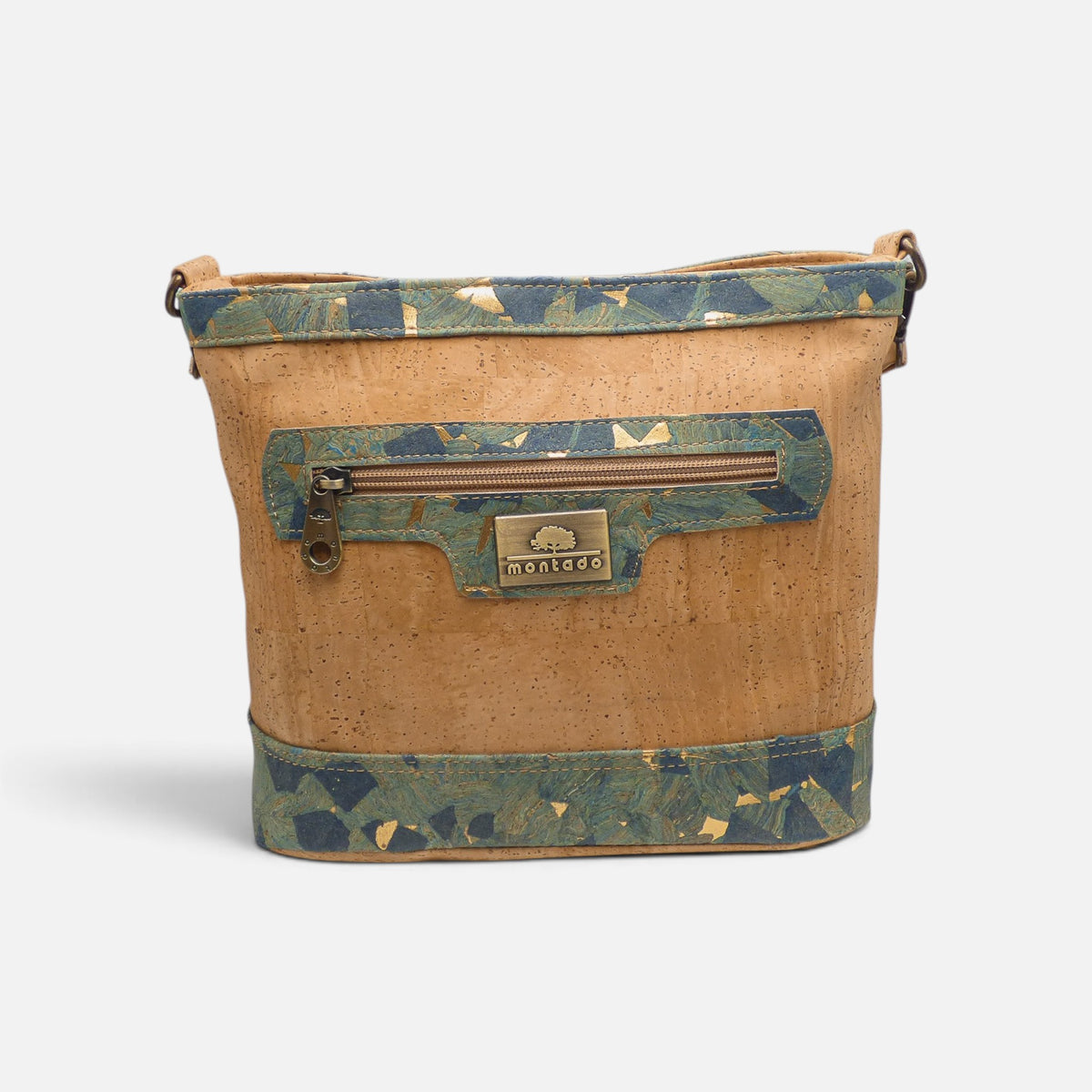 Sac bandoulière organiseur en liège motif Oceano, bandes bleues et dorées
