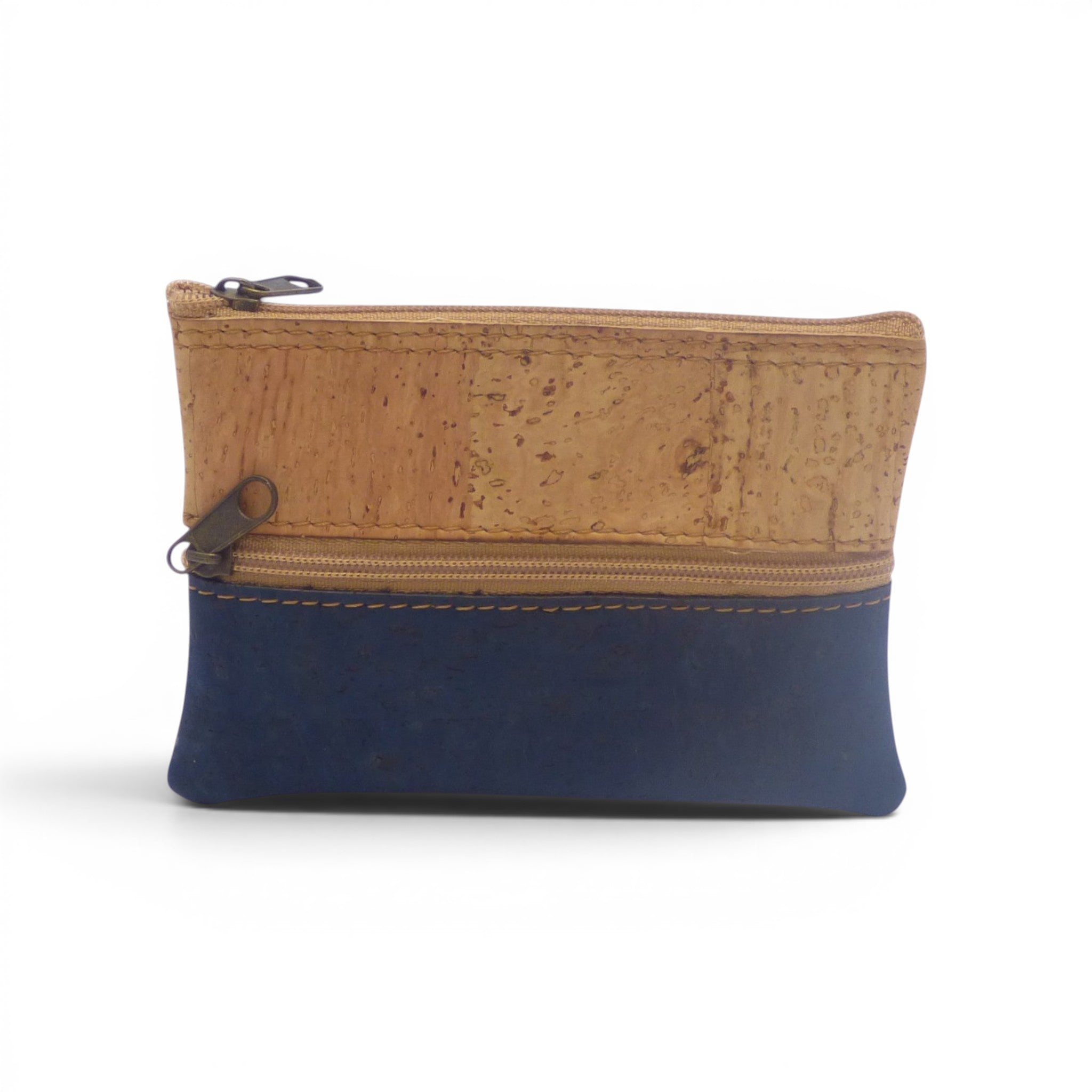 Trousse double zip en liege bicolore bleu marine et beige