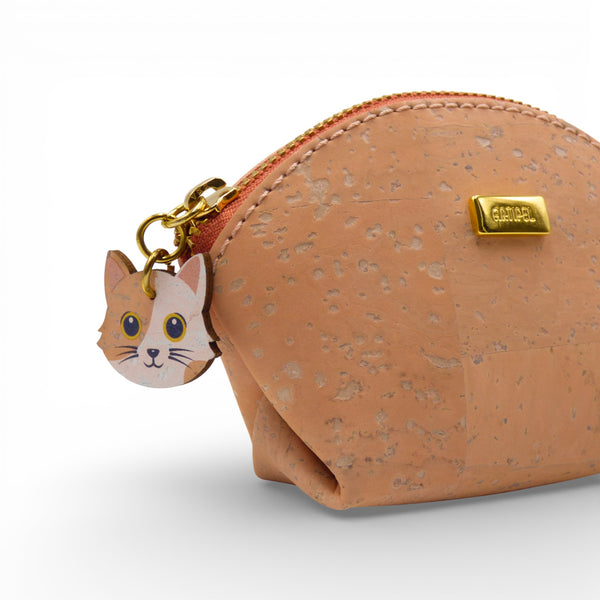 Coral vegan leather wallet "Petit Chat d'Amour" by Artipel with a charm, featuring a cute cat design.