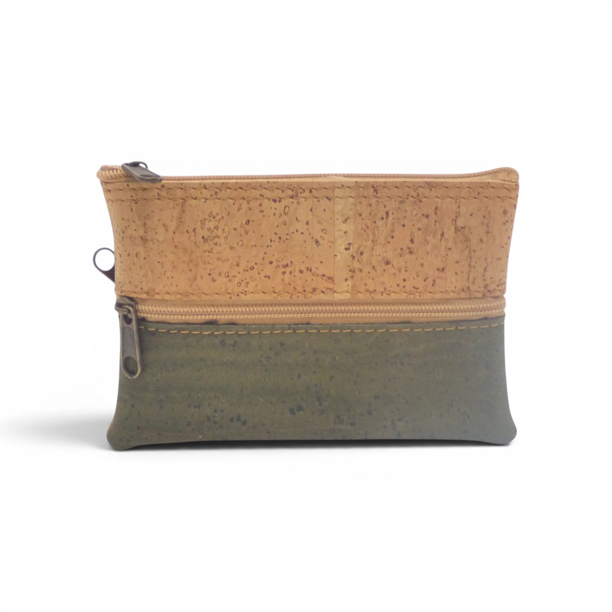Trousse double zip vert olive et beige creme en liege