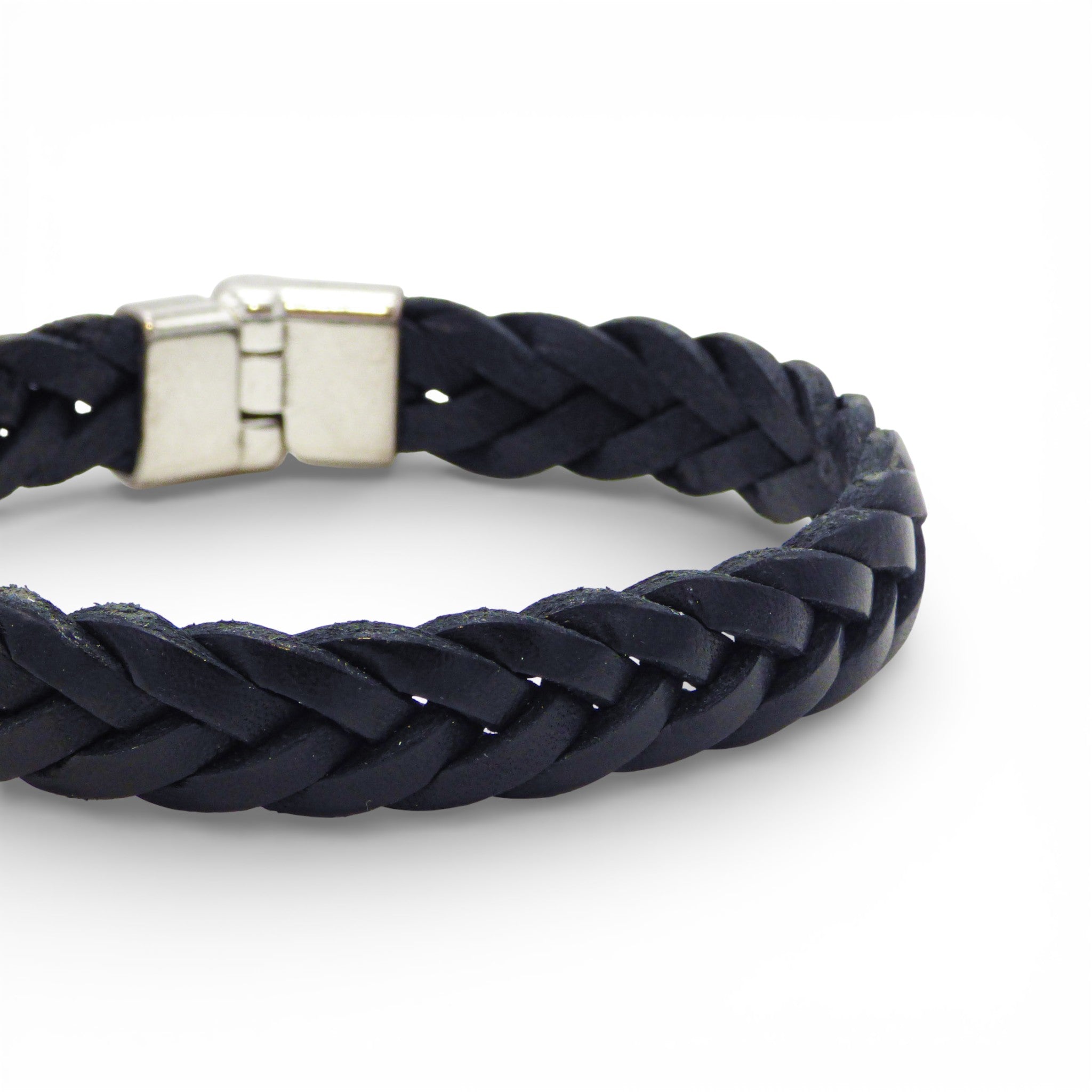 Black braided leather bracelet for men by Artipel with a sturdy steel clasp, showcasing intricate texture and design.