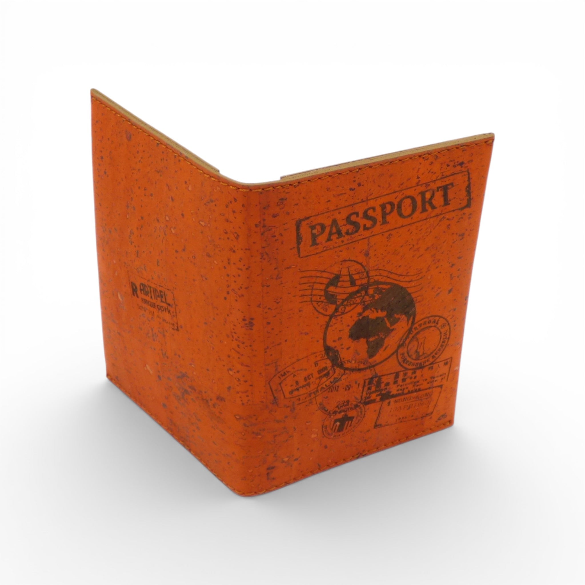 Pochette passeport en liège orange imprimé tampons voyage — Artipel, planisphère, Portugal