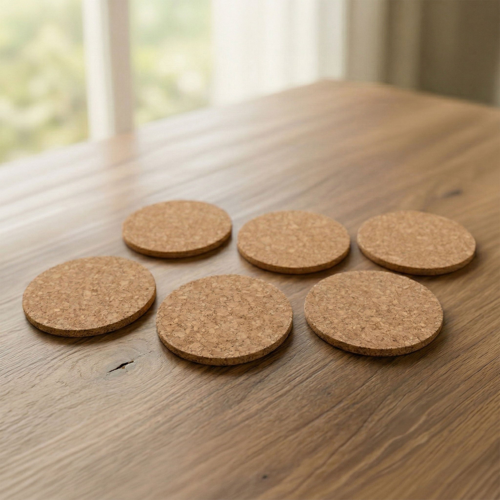 Six dessous de verre ronds en liège naturel sur table bois — Viking, Portugal