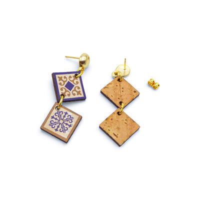 Boucles d'oreilles liège Lisbon Tiles — Artipel losange bleu blanc pendantes femme