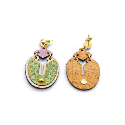 Boucles d'oreilles liège Iris vert violet — Artipel design original texture naturelle