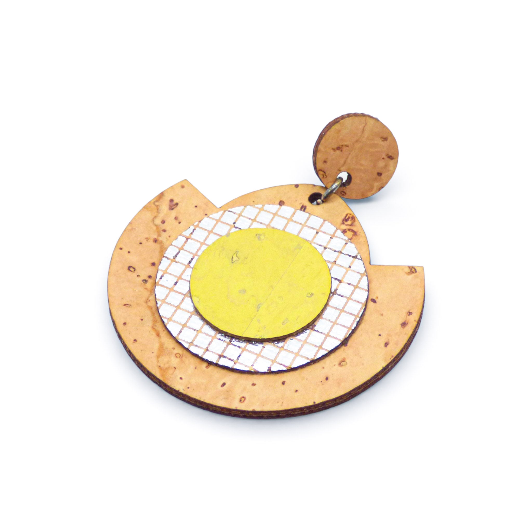 Boucle d'oreille ronde en liège naturel à centre jaune — Artipel, grille blanche, Portugal