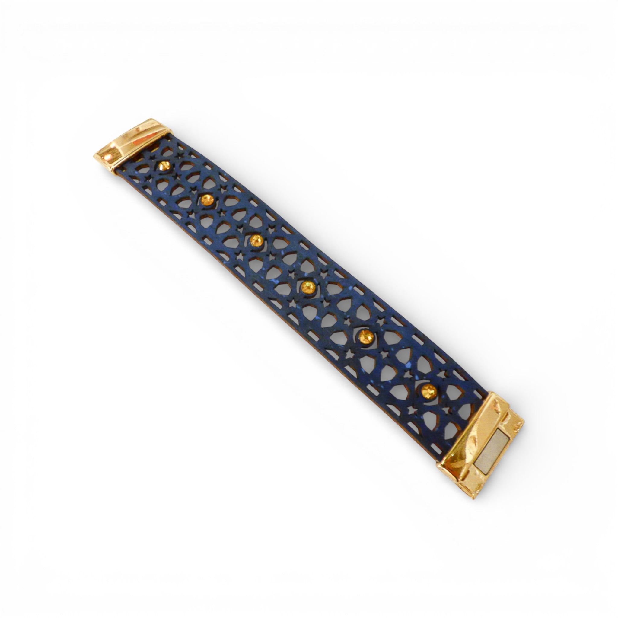 Bracelet en liège bleu ajouré étoiles à plat, strass ambrés — Artipel, fermoirs dorés, Portugal