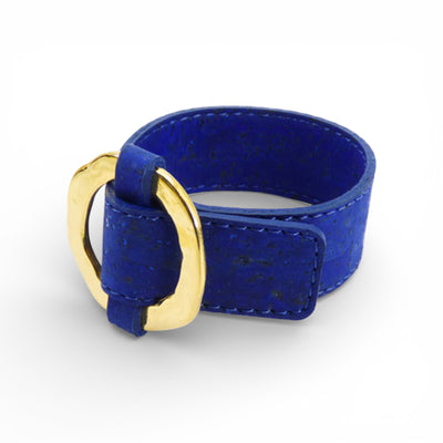 Manchette en liège bleu azur — bracelet large femme artisanat Portugal métal doré