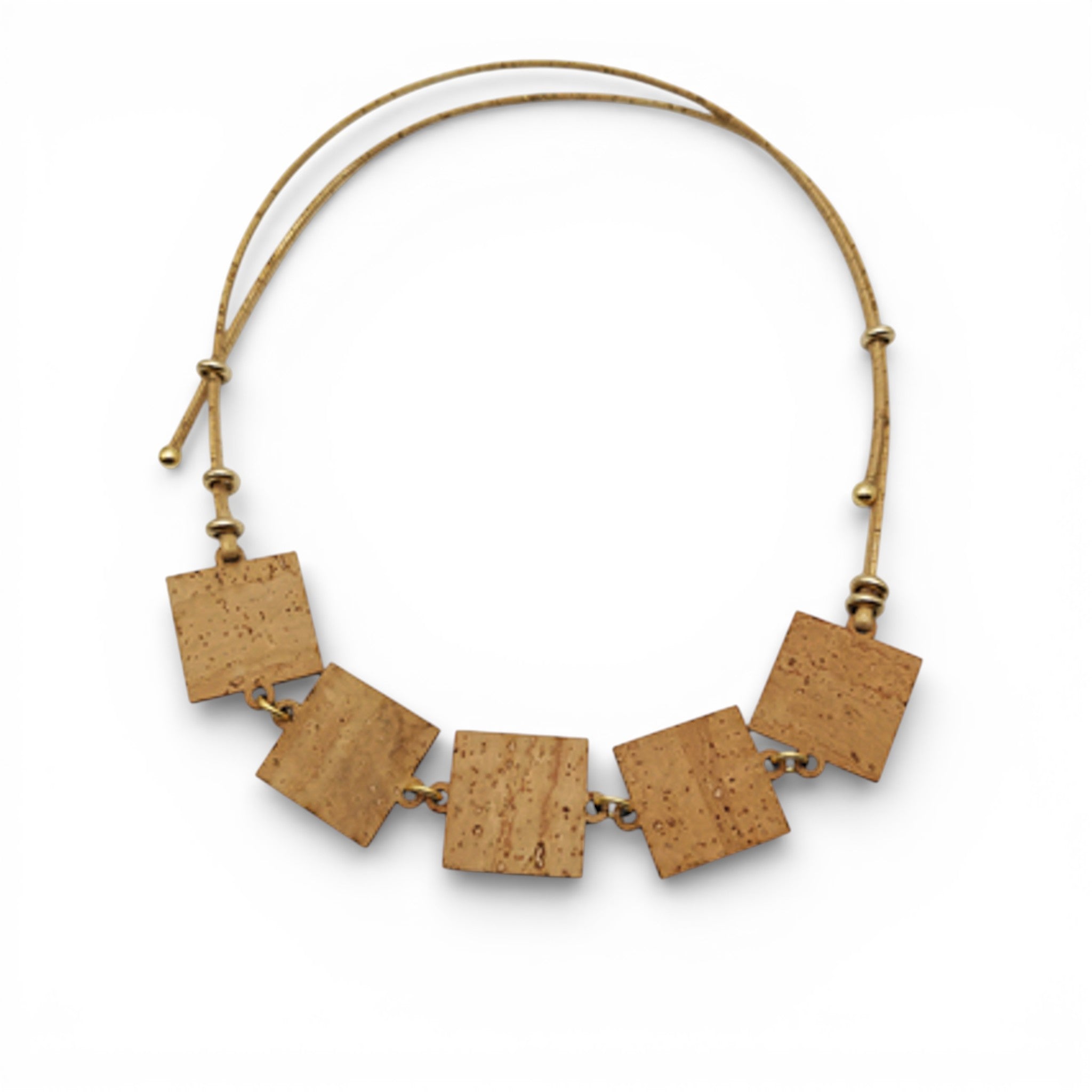 Dos d'un collier en liège naturel à cinq carrés — Artipel, collier doré réglable, Portugal