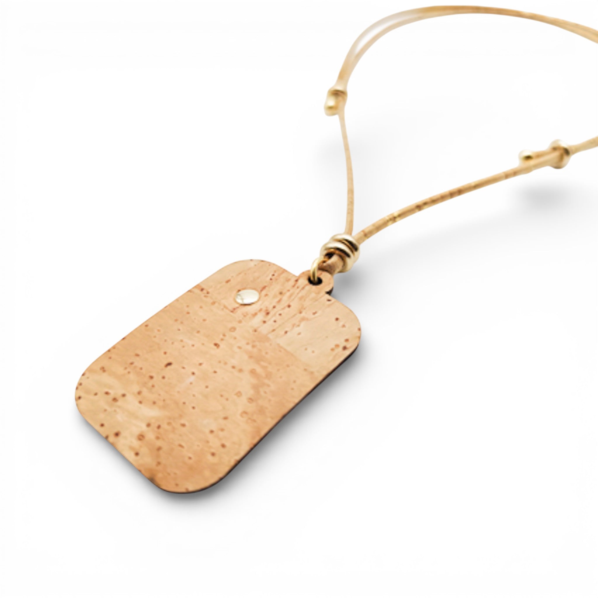 Dos du pendentif rectangle en liège naturel uni — Artipel, attache métal doré, Portugal