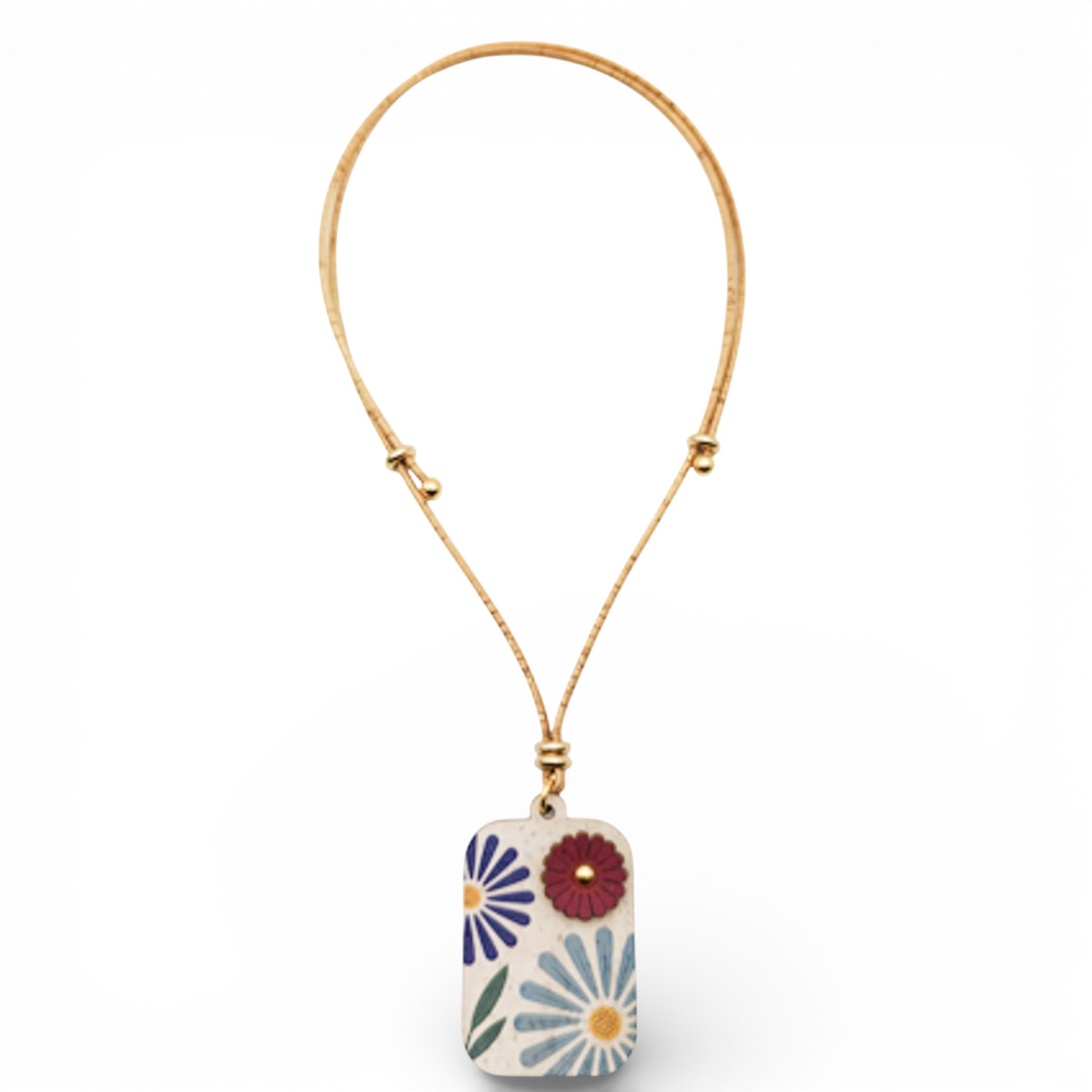 Cork necklace "Spring Flower" by Artipel featuring vibrant floral design and natural texture on a delicate chain.