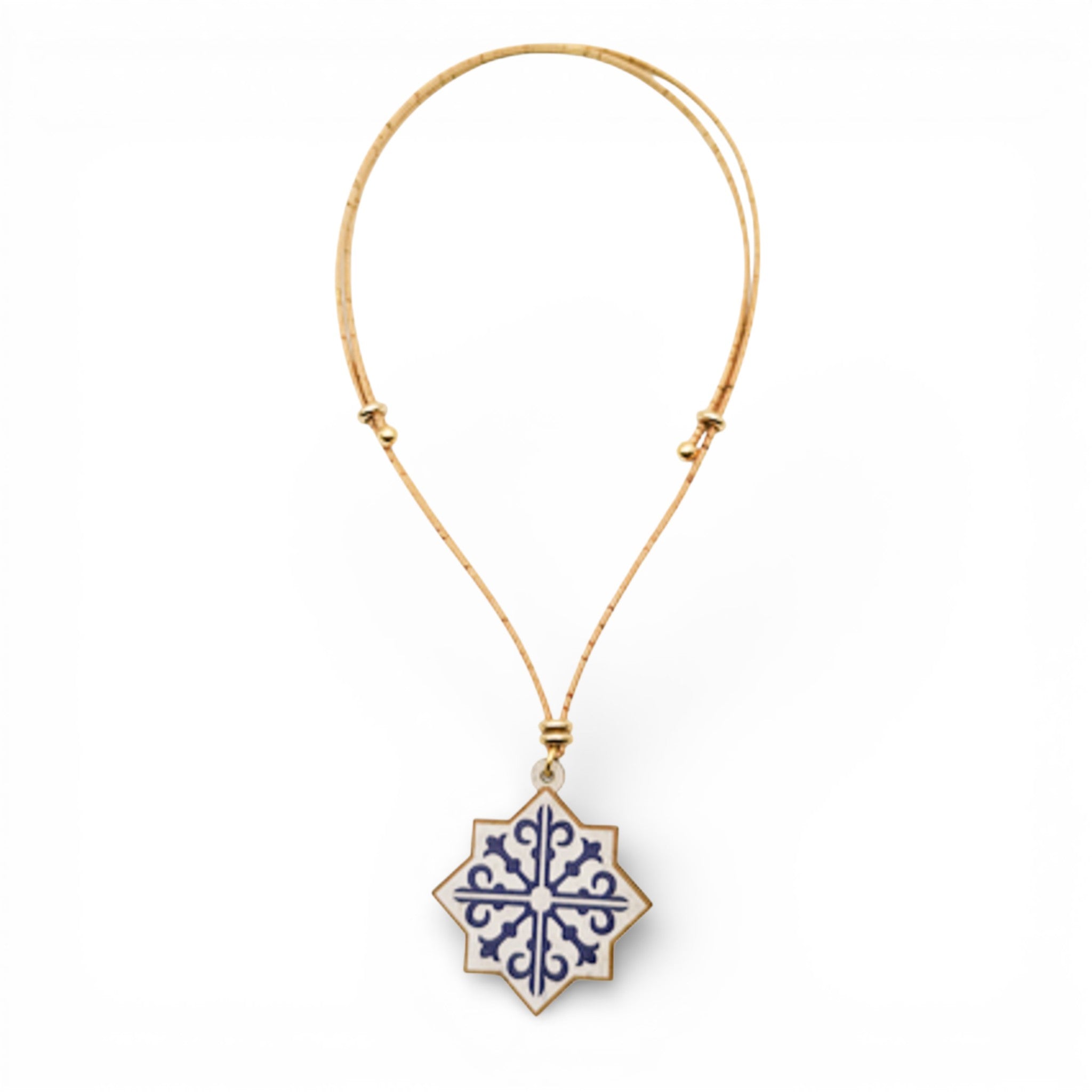 Collier étoile à 8 branches en liège, motif azulejo bleu — Artipel, cordon réglable, Portugal