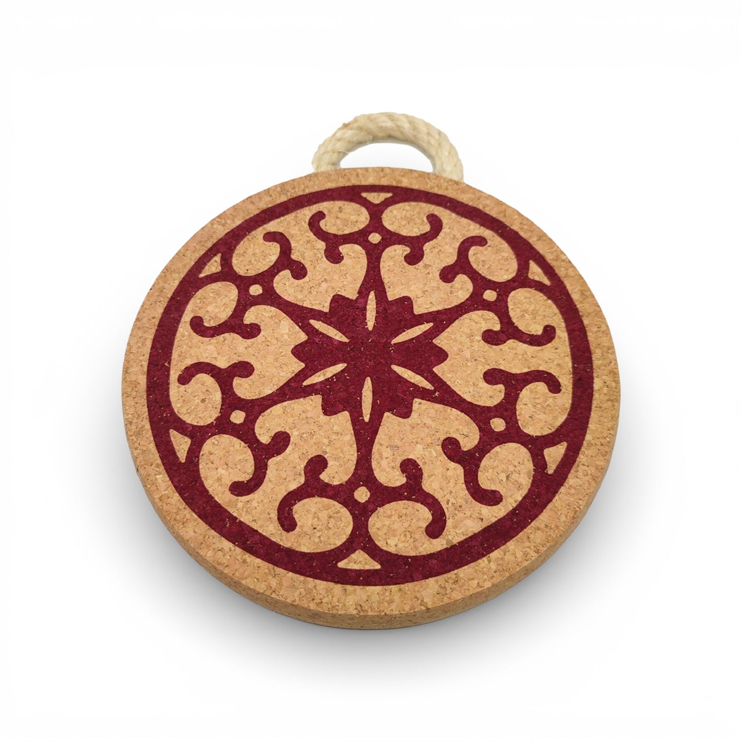 Viking red cork trivet featuring a stylish design, perfect for protecting surfaces from hot dishes.