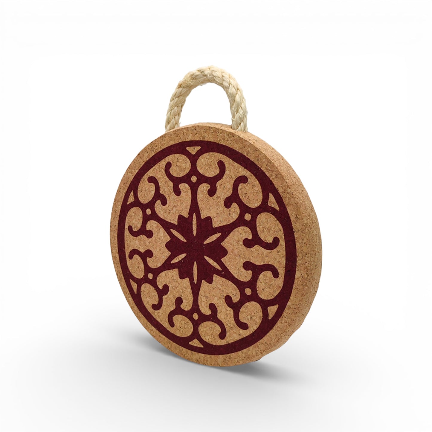 Viking red cork trivet, featuring a stylish design for heat protection and a touch of character in kitchen decor.