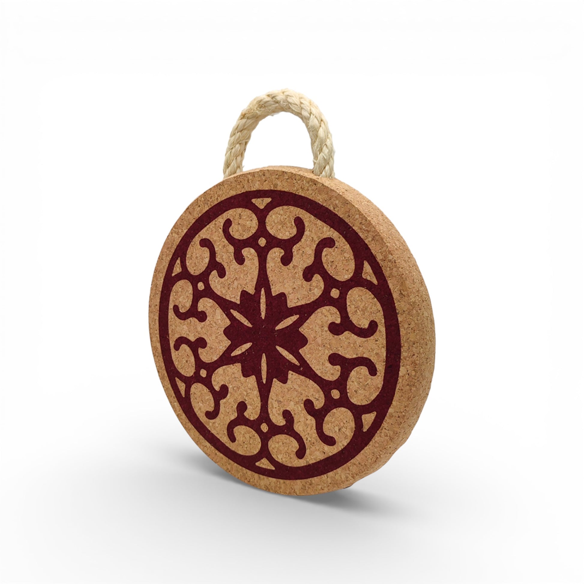 Viking red cork trivet, featuring a stylish design for heat protection and a touch of character in kitchen decor.