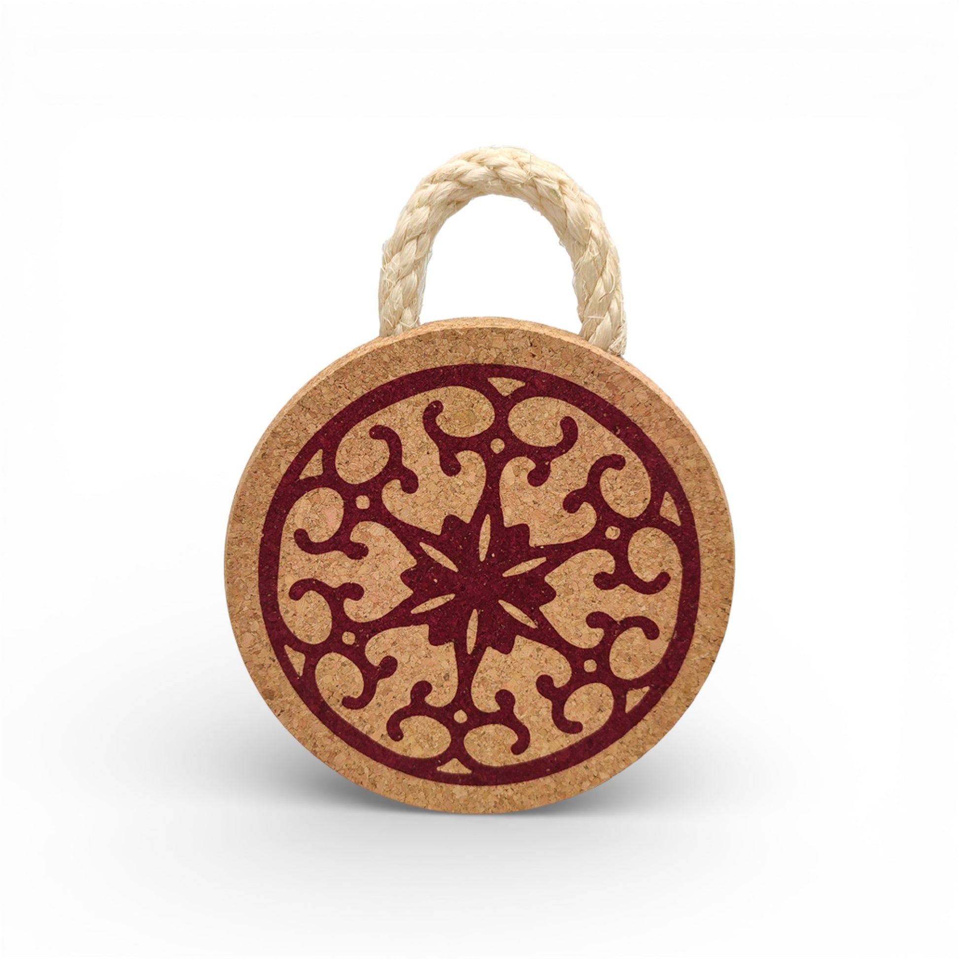 Viking red cork trivet featuring a stylish design for heat protection and decorative use in kitchens.
