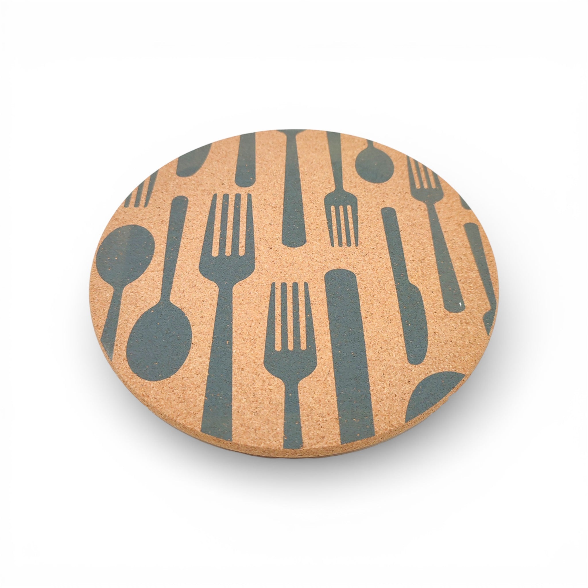 Round gray cork trivet "Abstract" by Viking with contemporary design, ideal for protecting surfaces from hot dishes.