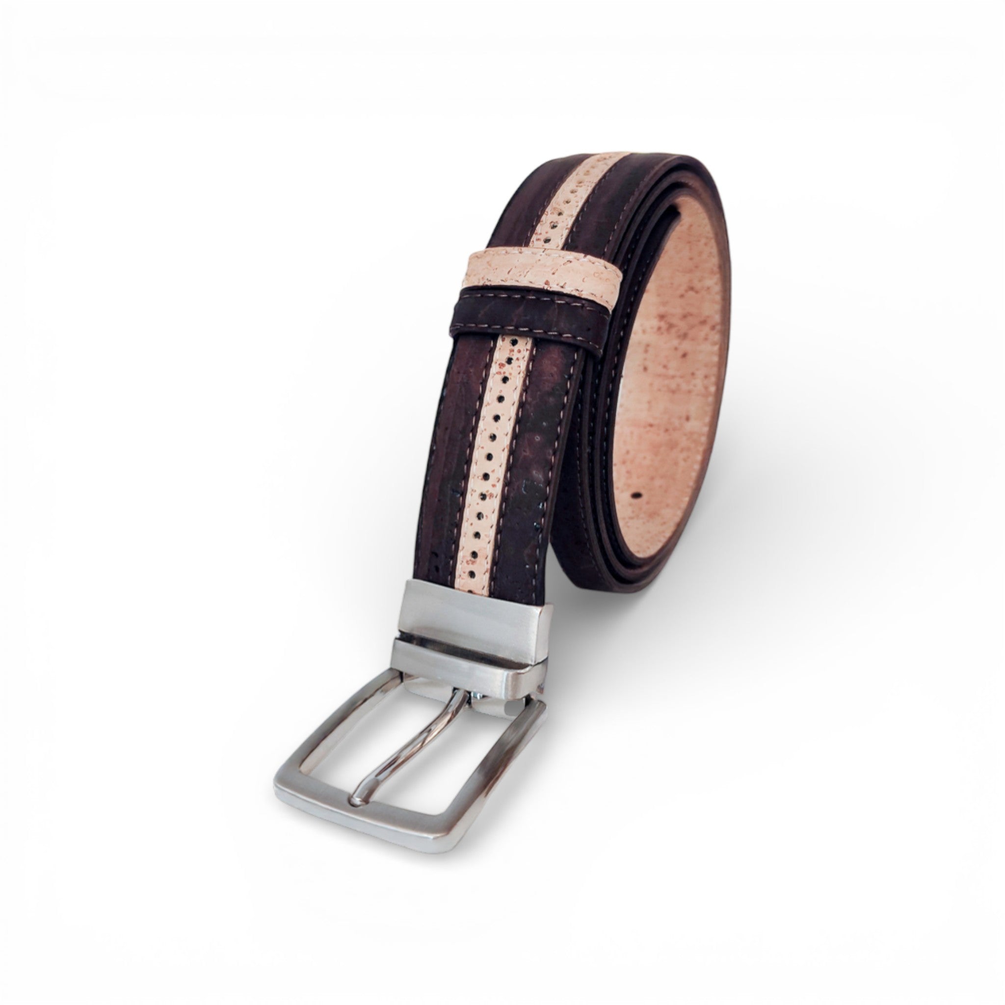 Ceinture réversible en liège brun foncé à liseré beige — TC Cortiça, bords pointillés, Portugal