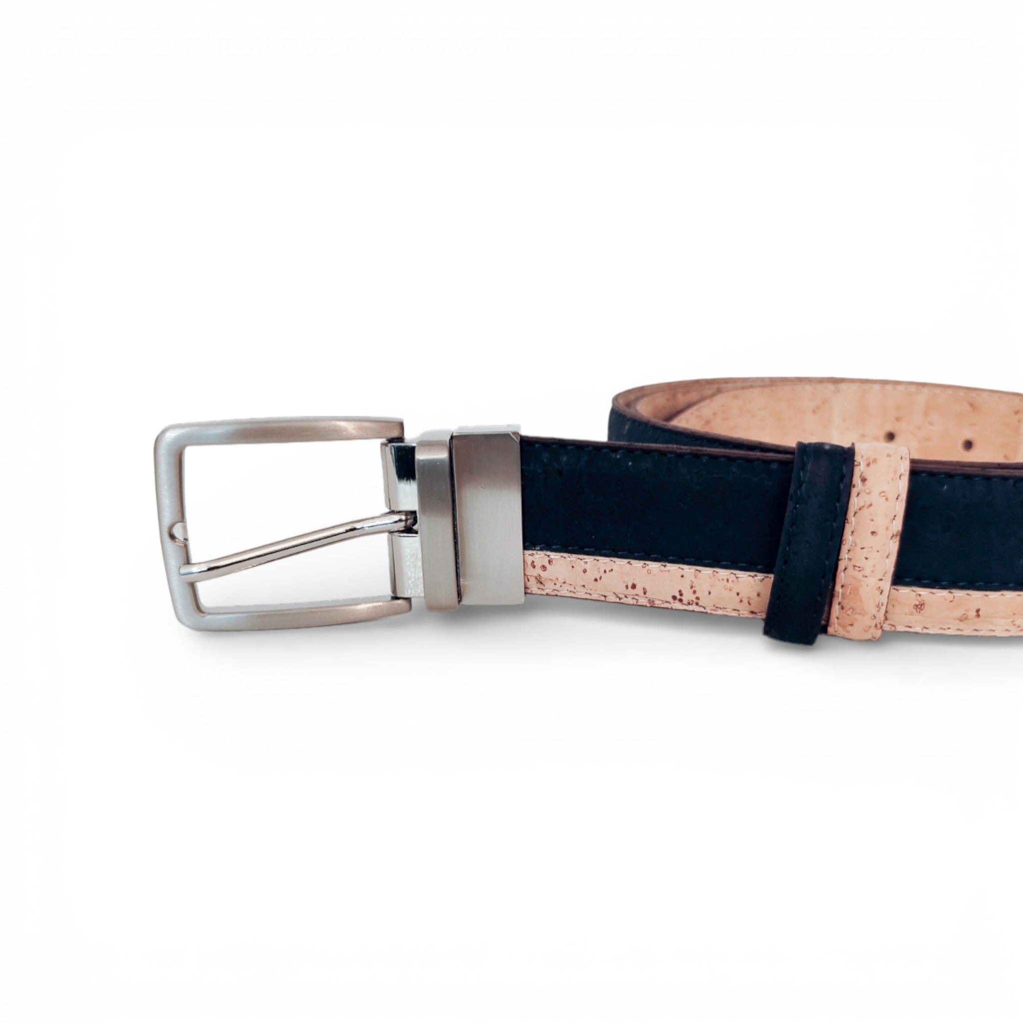 Ceinture en liège bleu marine, liseré beige — TC Cortiça, boucle métal, passant, Portugal