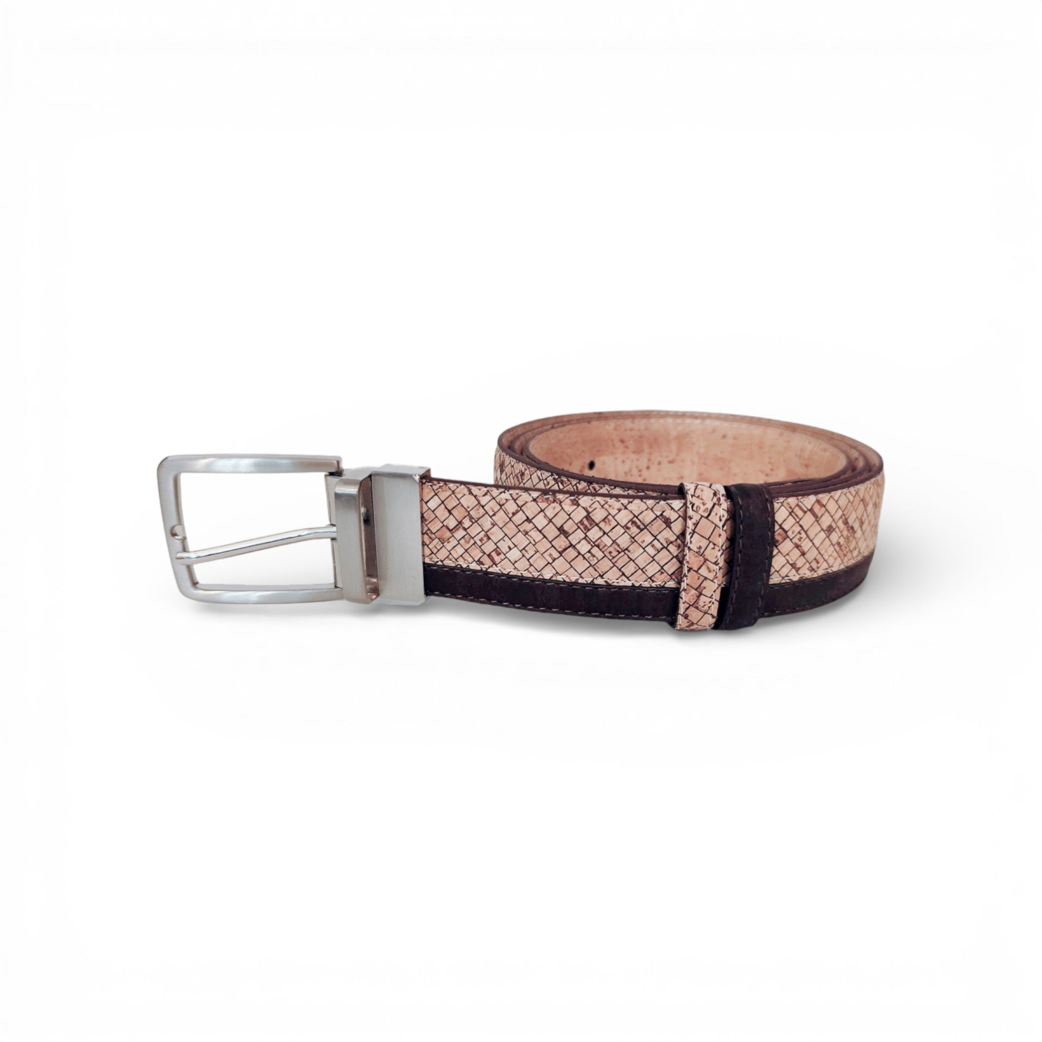 Ceinture en liège beige motif quadrillé, bords brun — TC Cortiça, boucle métal, Portugal