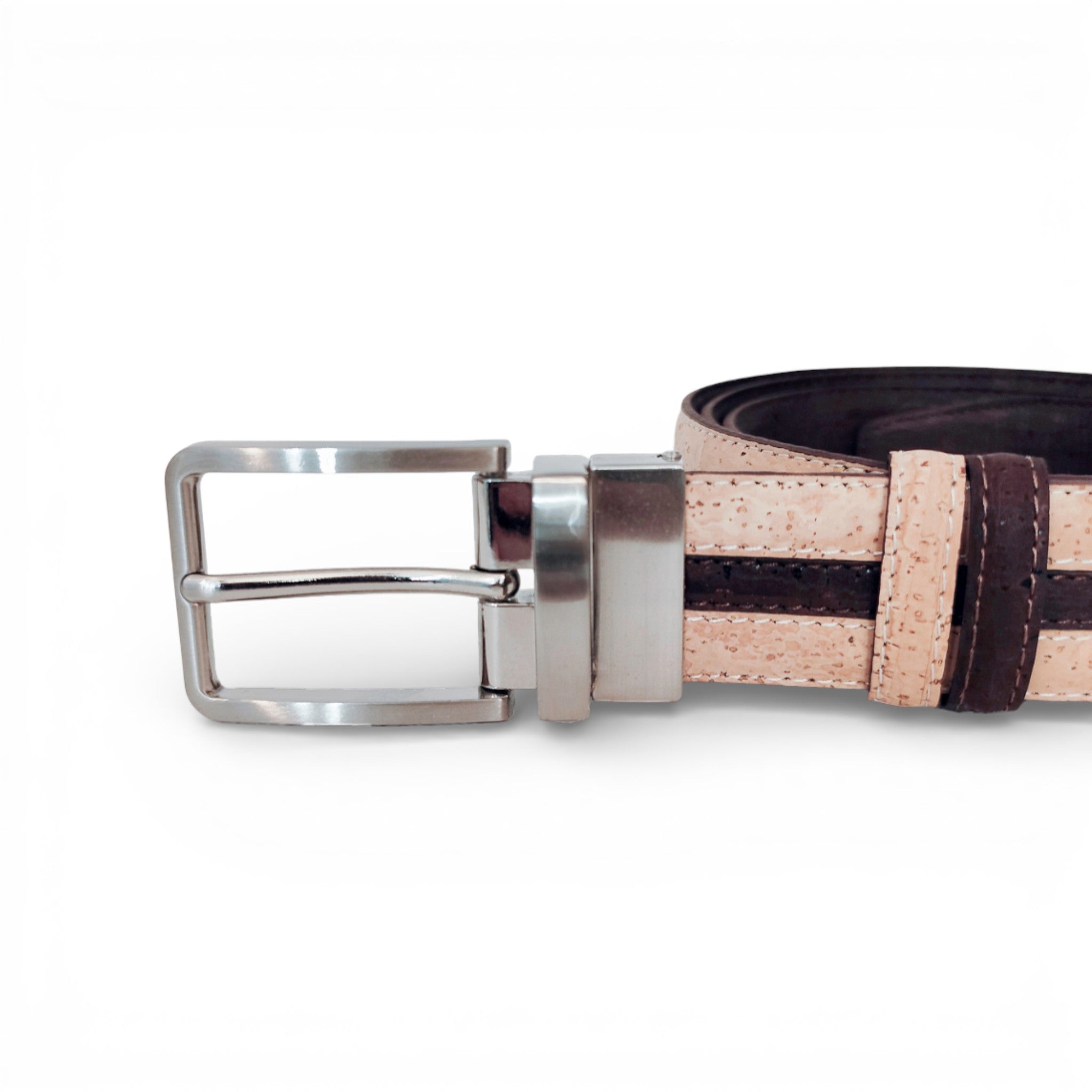 Ceinture réversible en liège, face liserée beige à bande foncée, boucle — TC Cortiça, Portugal