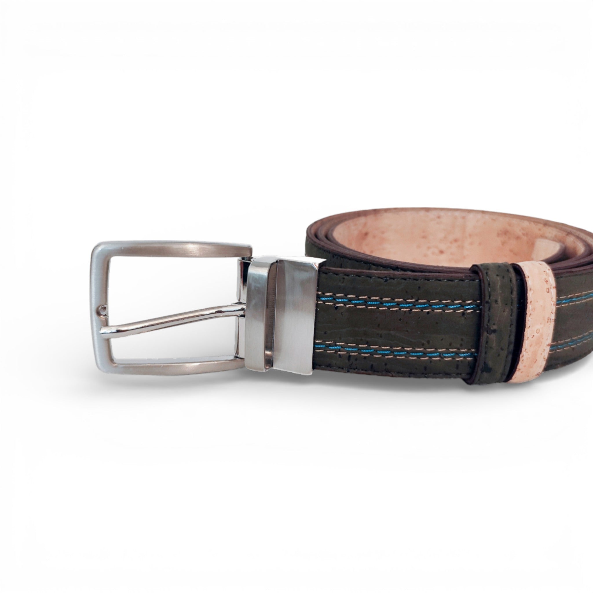 Ceinture en liège kaki à surpiqûres bleu et orange, boucle pivotante — TC Cortiça, Portugal