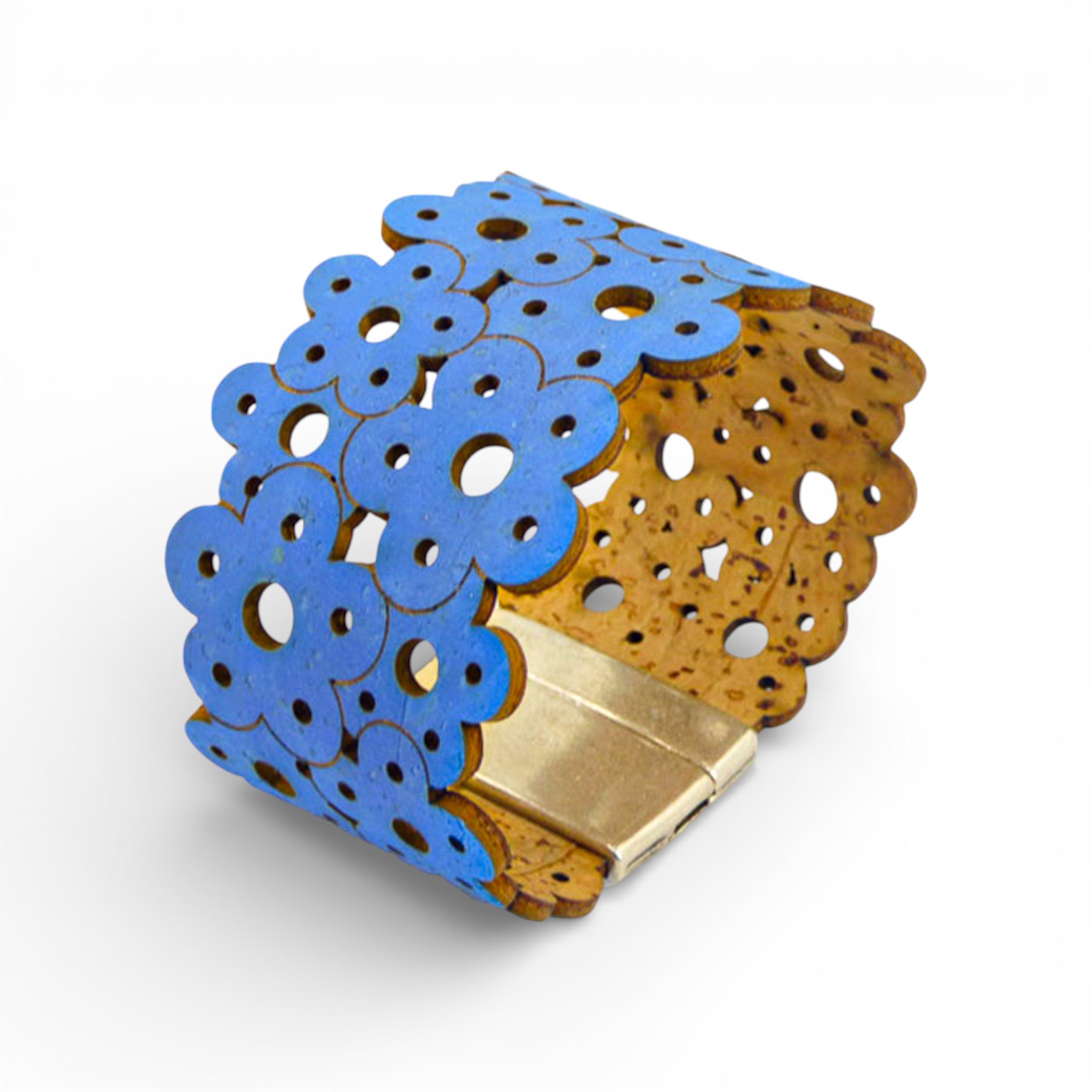 Bracelet vegan et éco-responsable en liège naturel du Portugal : Bracelet Manchette Fleur Bleu - Artipel - Home & Liège