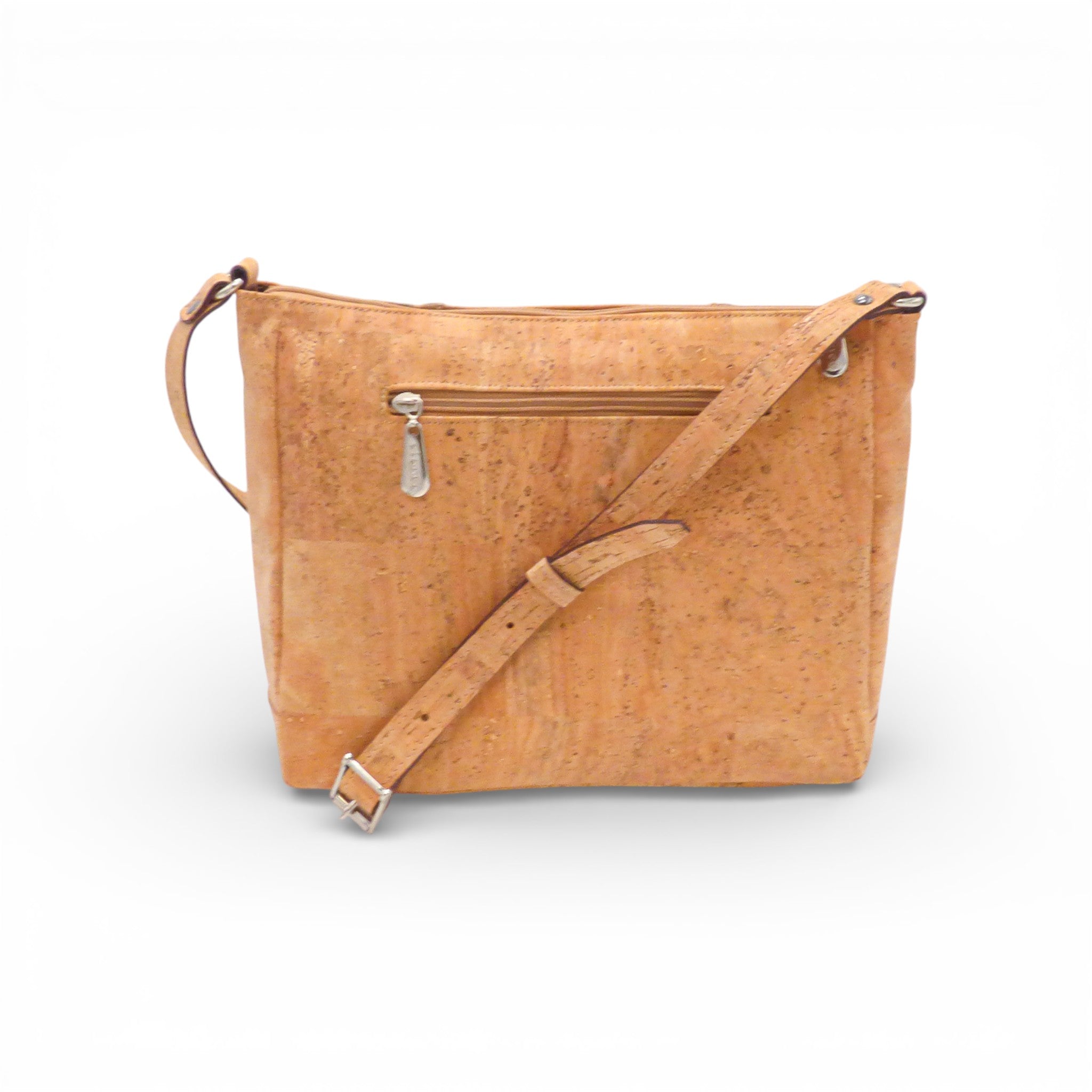 Dos d'un sac bandoulière en liège naturel uni — Elenco, poche zippée, longue bandoulière croisée, Portugal