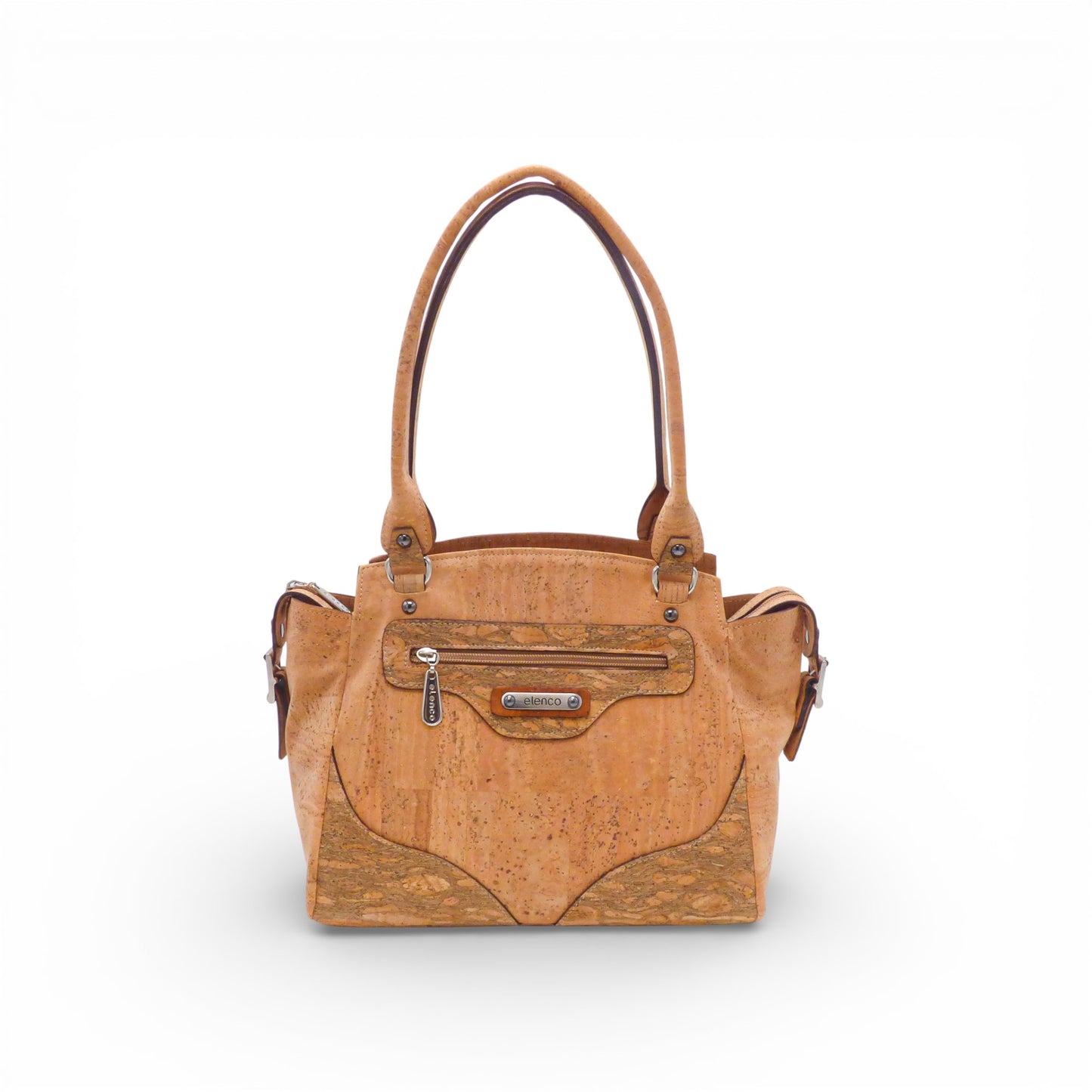 Sac à main trapèze Elenco en cuir noir avec poignées élégantes et fermeture à glissière, vu de face.