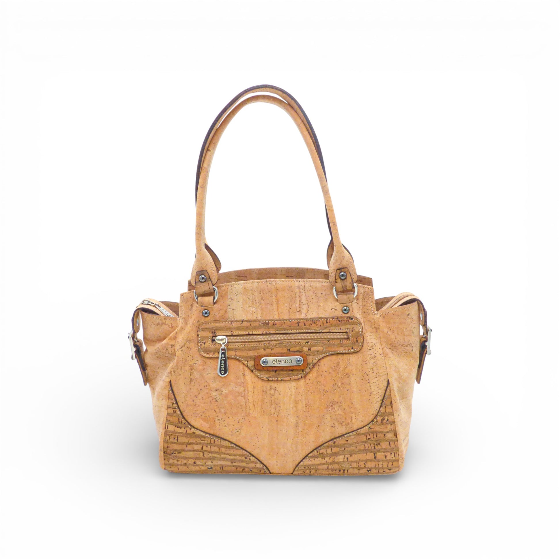 Sac à main trapèze Elenco en cuir noir, avec anses et une silhouette élégante, posé sur une surface neutre.