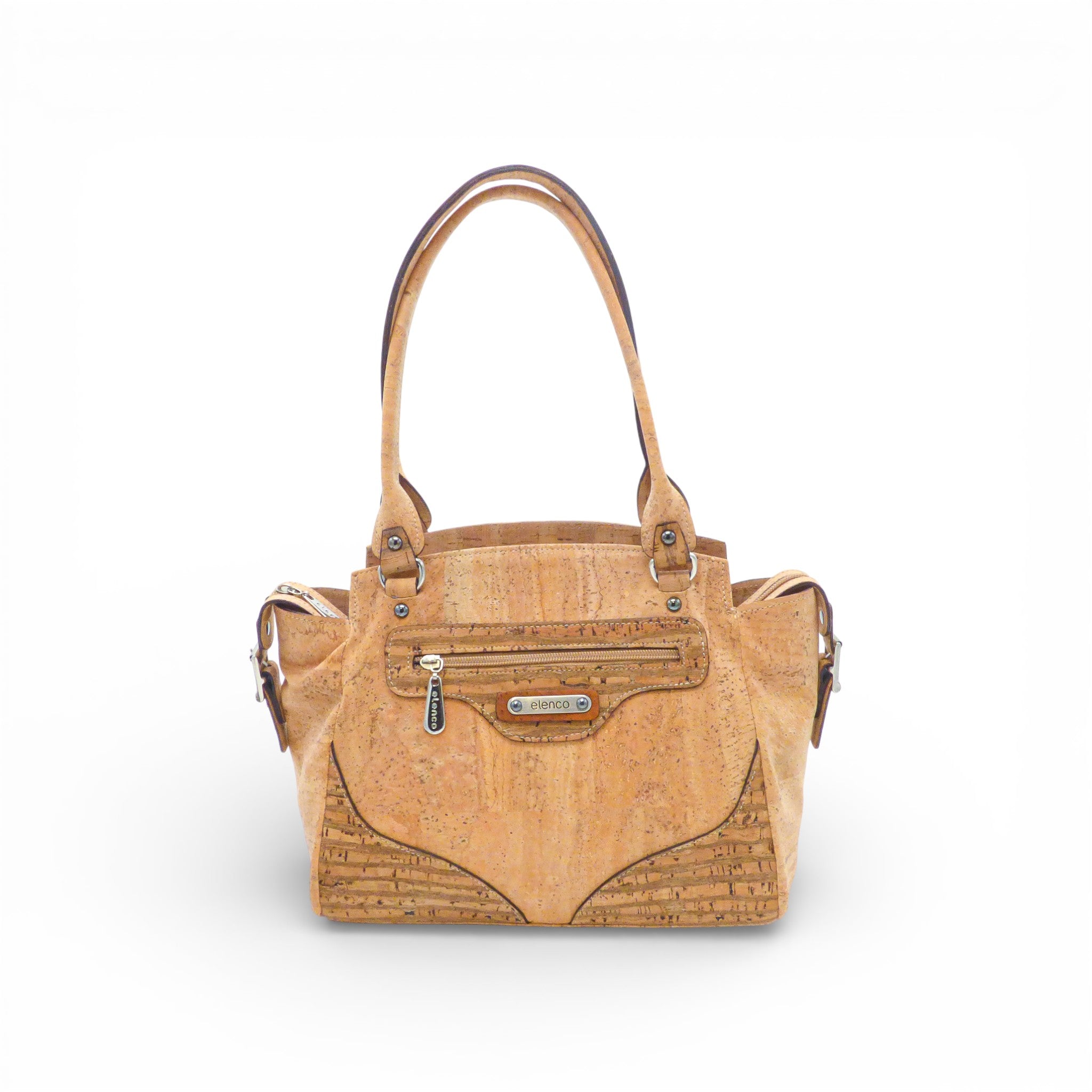 Sac à main trapèze Elenco en cuir noir, avec anses et une silhouette élégante, posé sur une surface neutre.