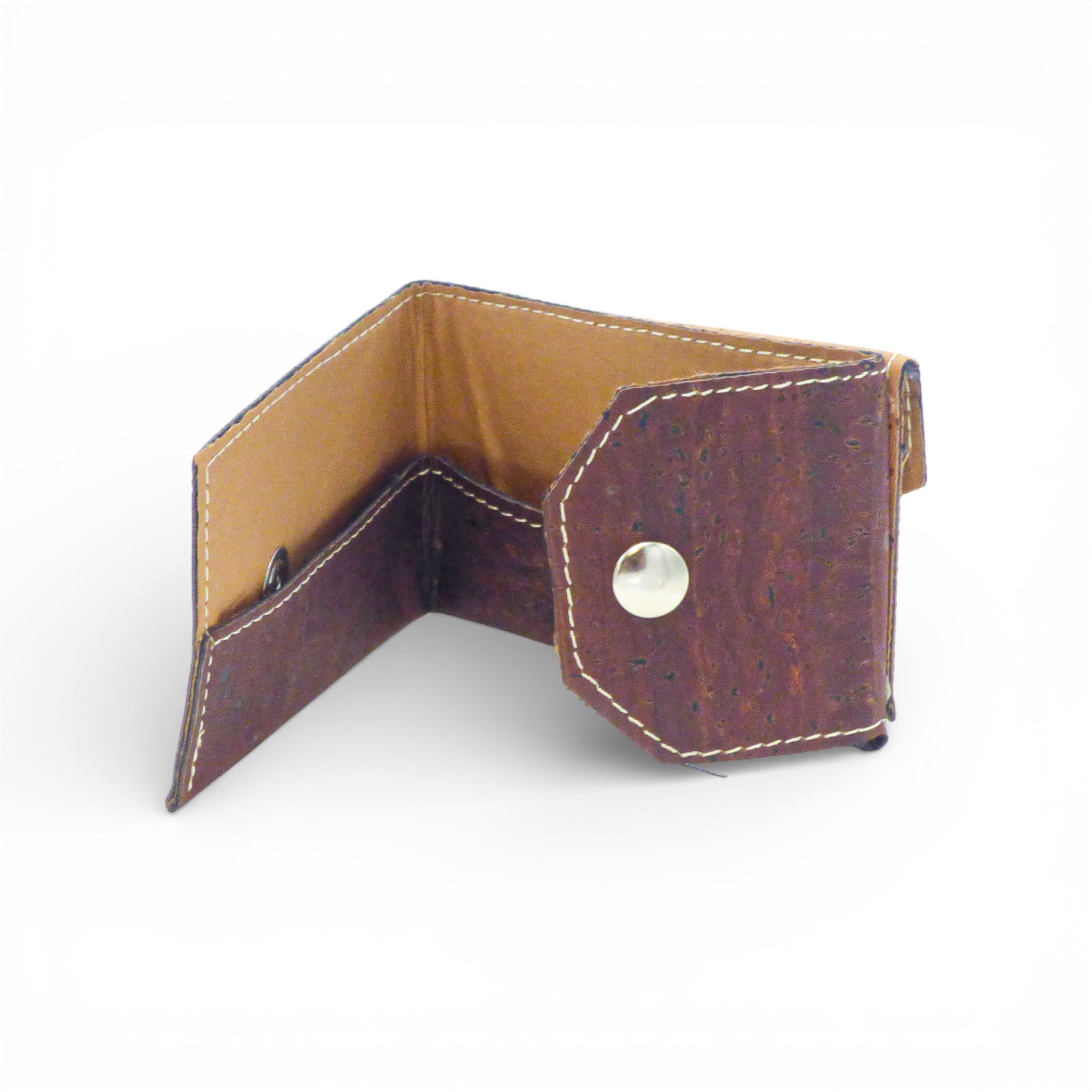 Porte-cartes biface en liège acajou ouvert — Amador Varum, intérieur camel, Portugal