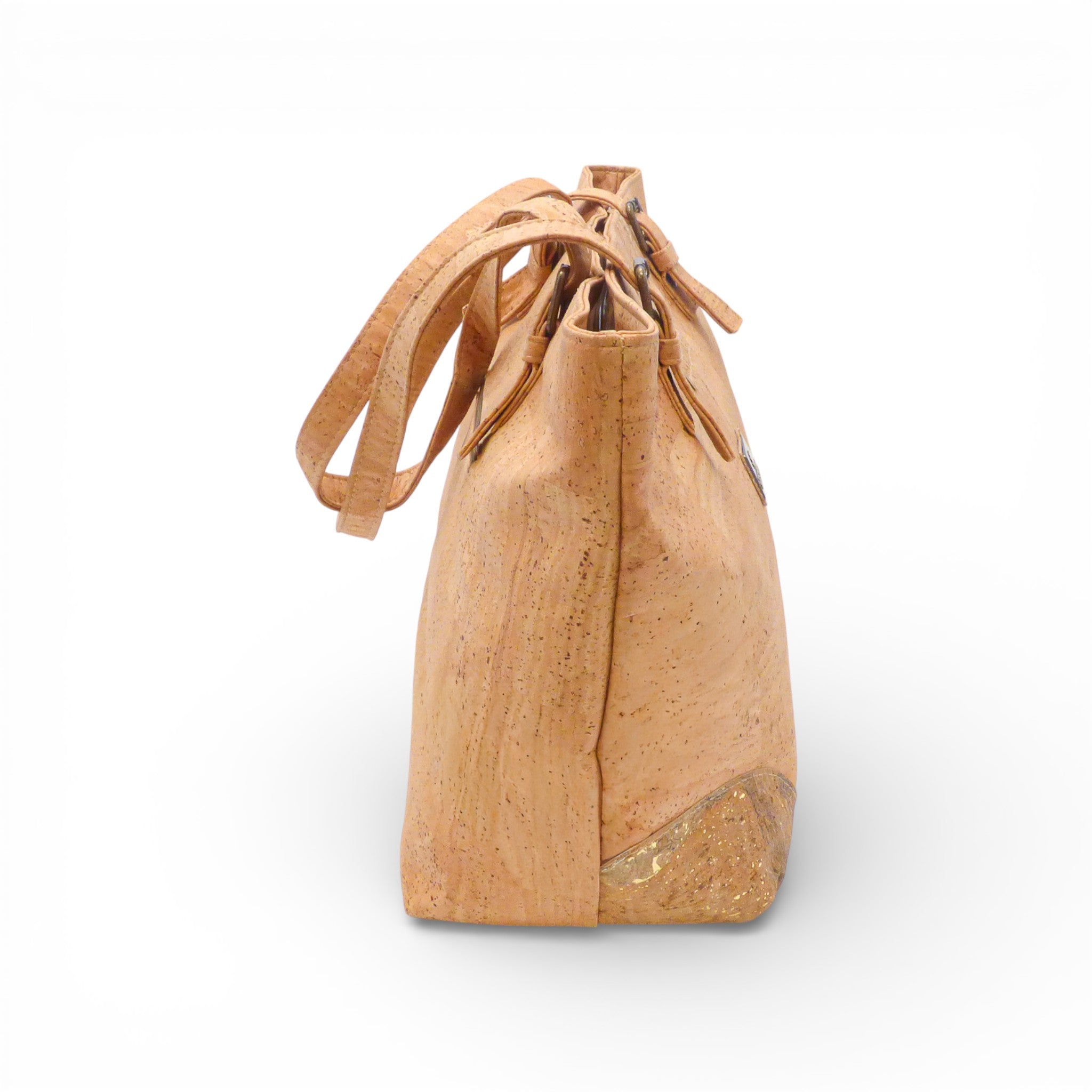 Sac cabas épaule Montado en toile beige, avec anses en cuir, posé sur une surface blanche.