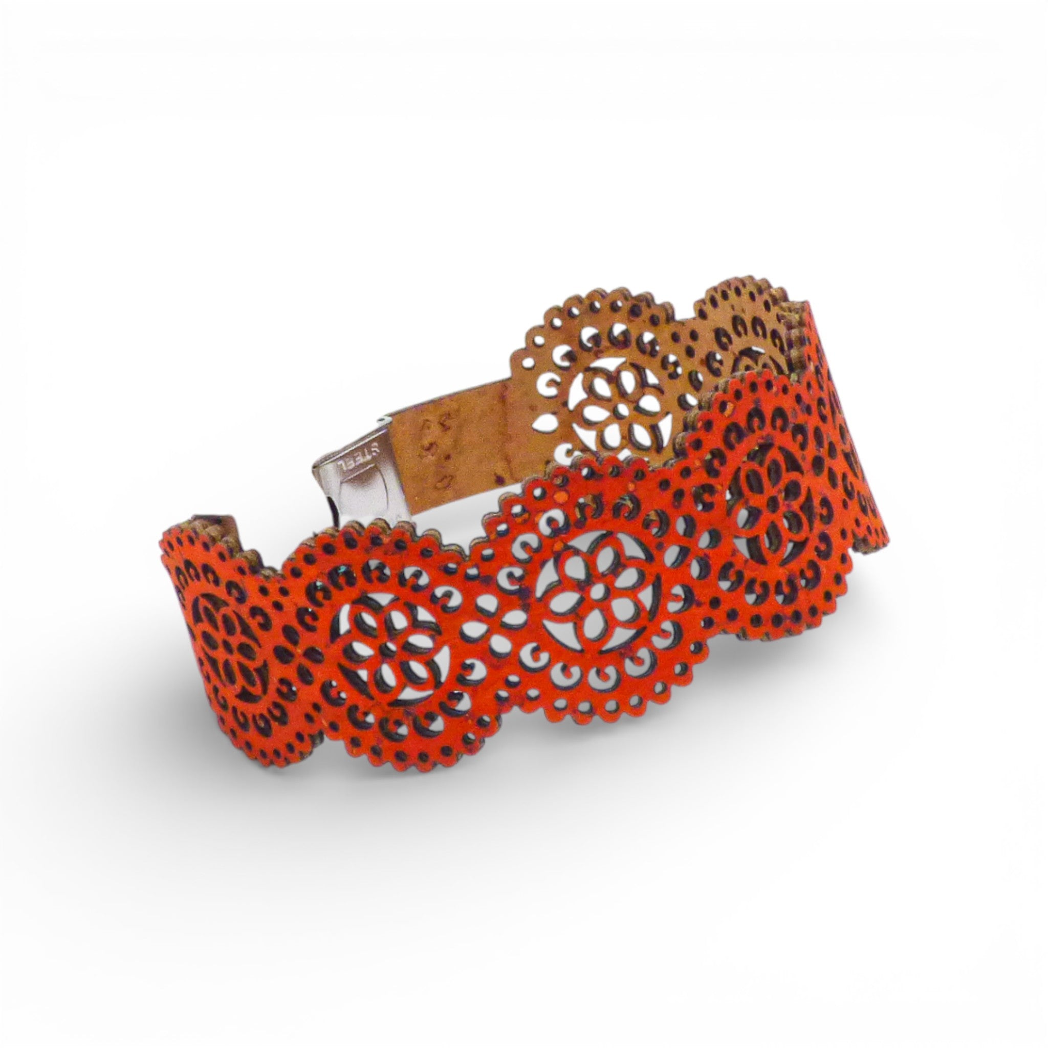 Manchette Rosace en liège orange — Cork Colors, dentelle florale découpée au laser, Portugal