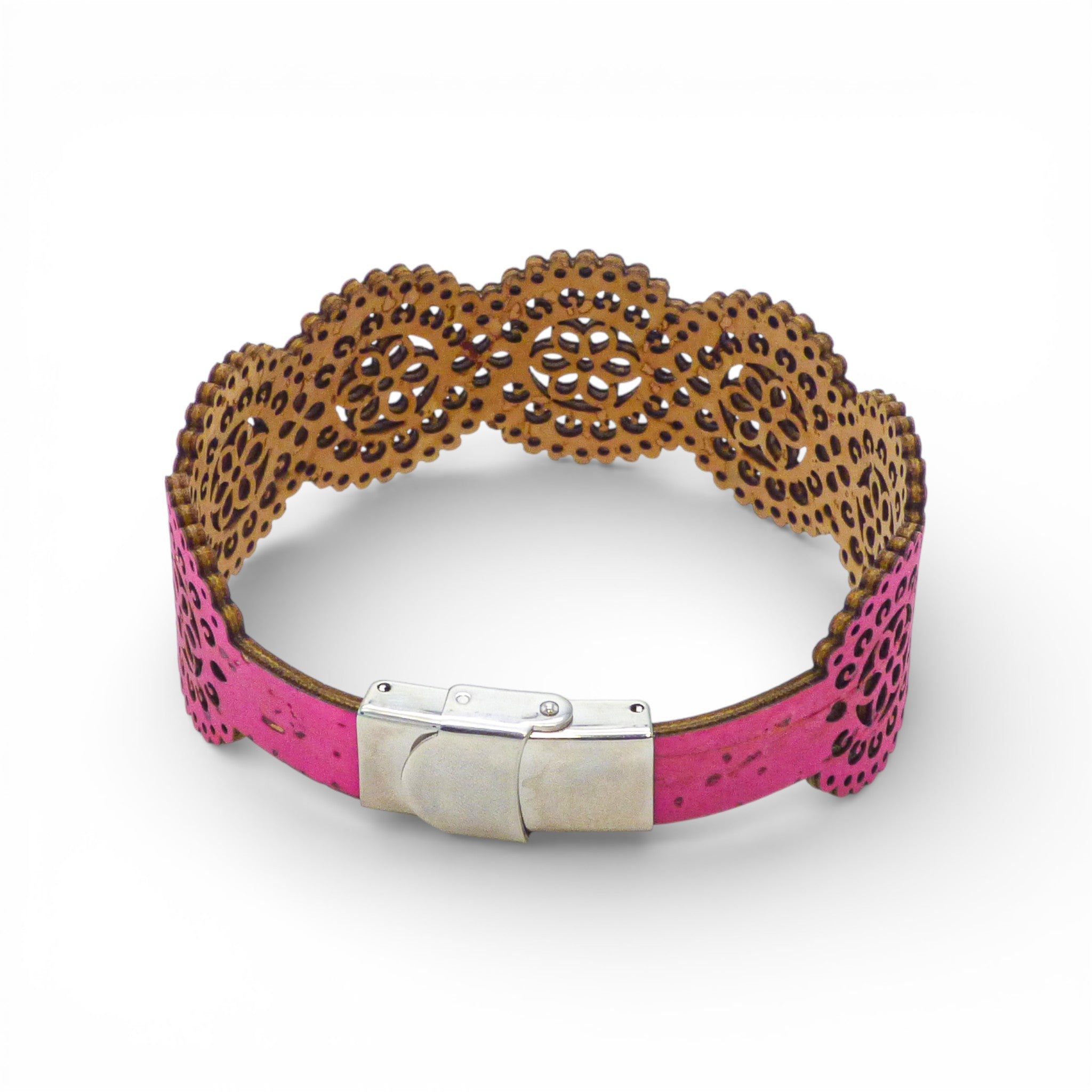 Manchette Rosace en liège rose et tan vue de dessus — Cork Colors, fermoir acier, dentelle ajourée