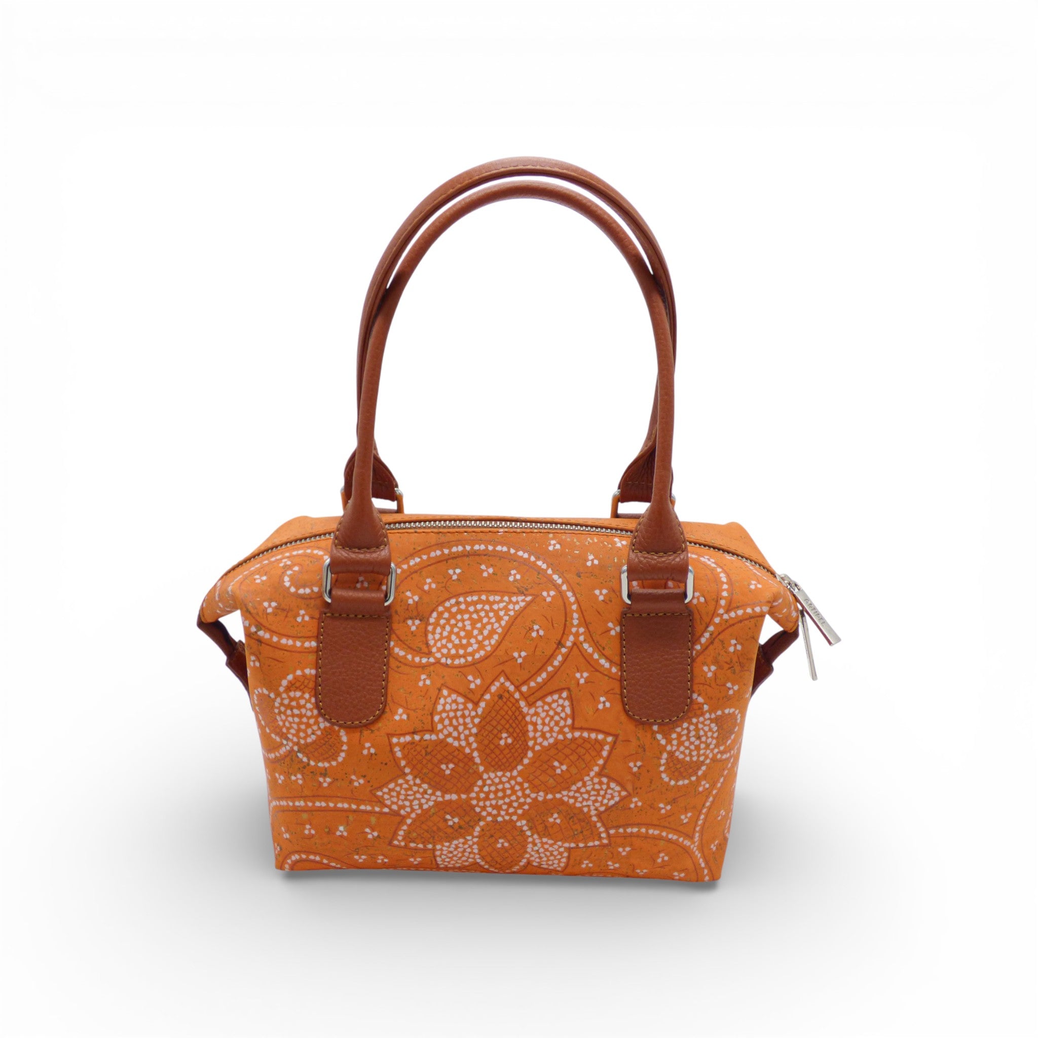 Petit sac modulable en liège imprimé paisley miel — Artipel, anses caramel, 3 formes, Portugal
