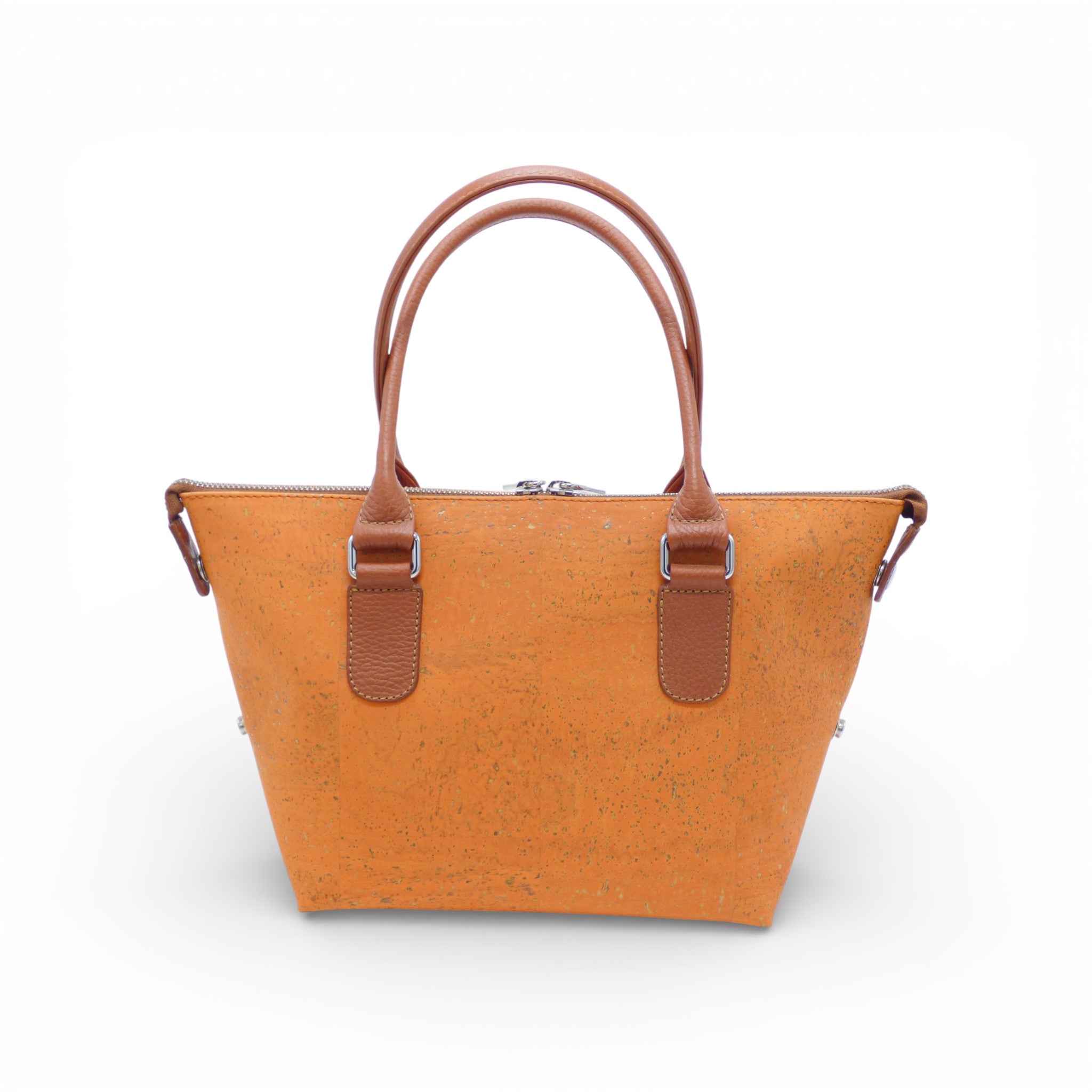 Sac modulable en liège orange uni, vu de face — Artipel, anses cuir caramel, Portugal