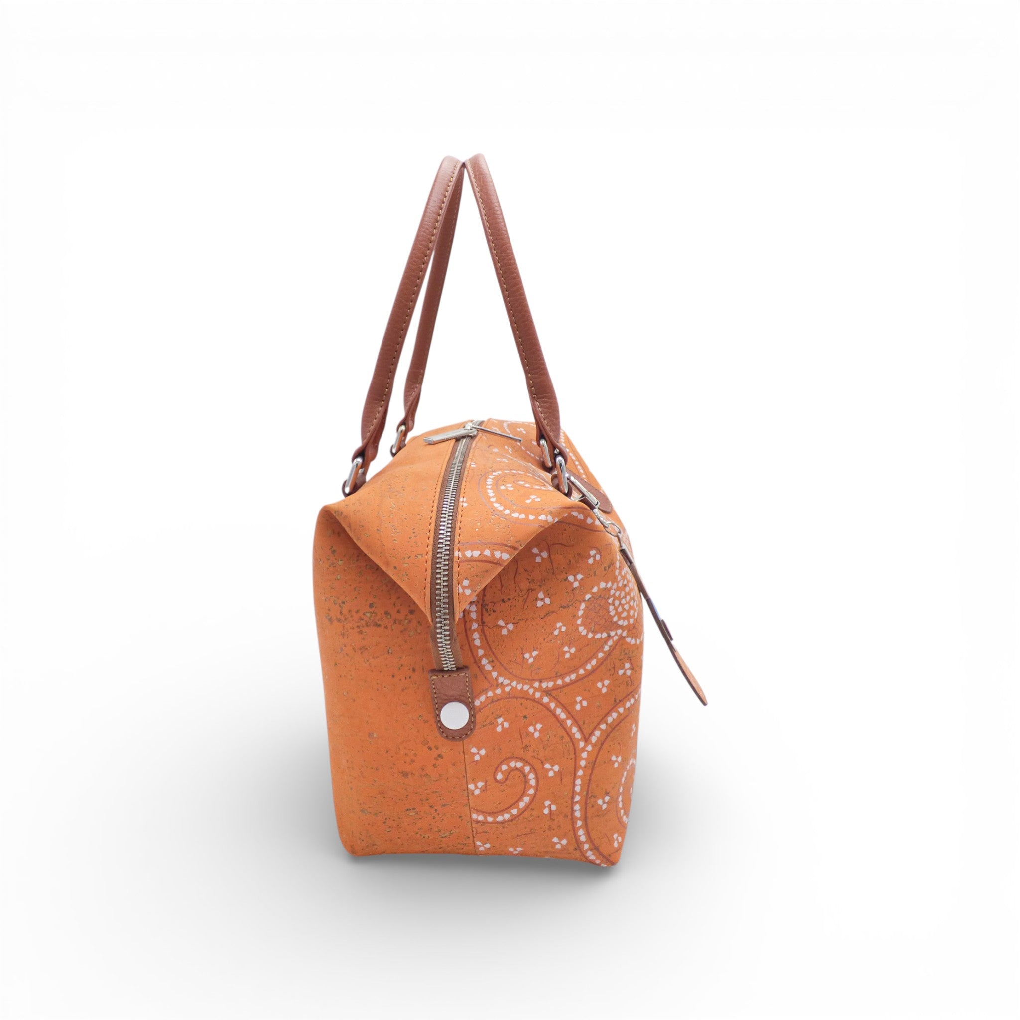 Profil d'un sac en liège orange à motif paisley blanc — Artipel, anses cuir, Portugal