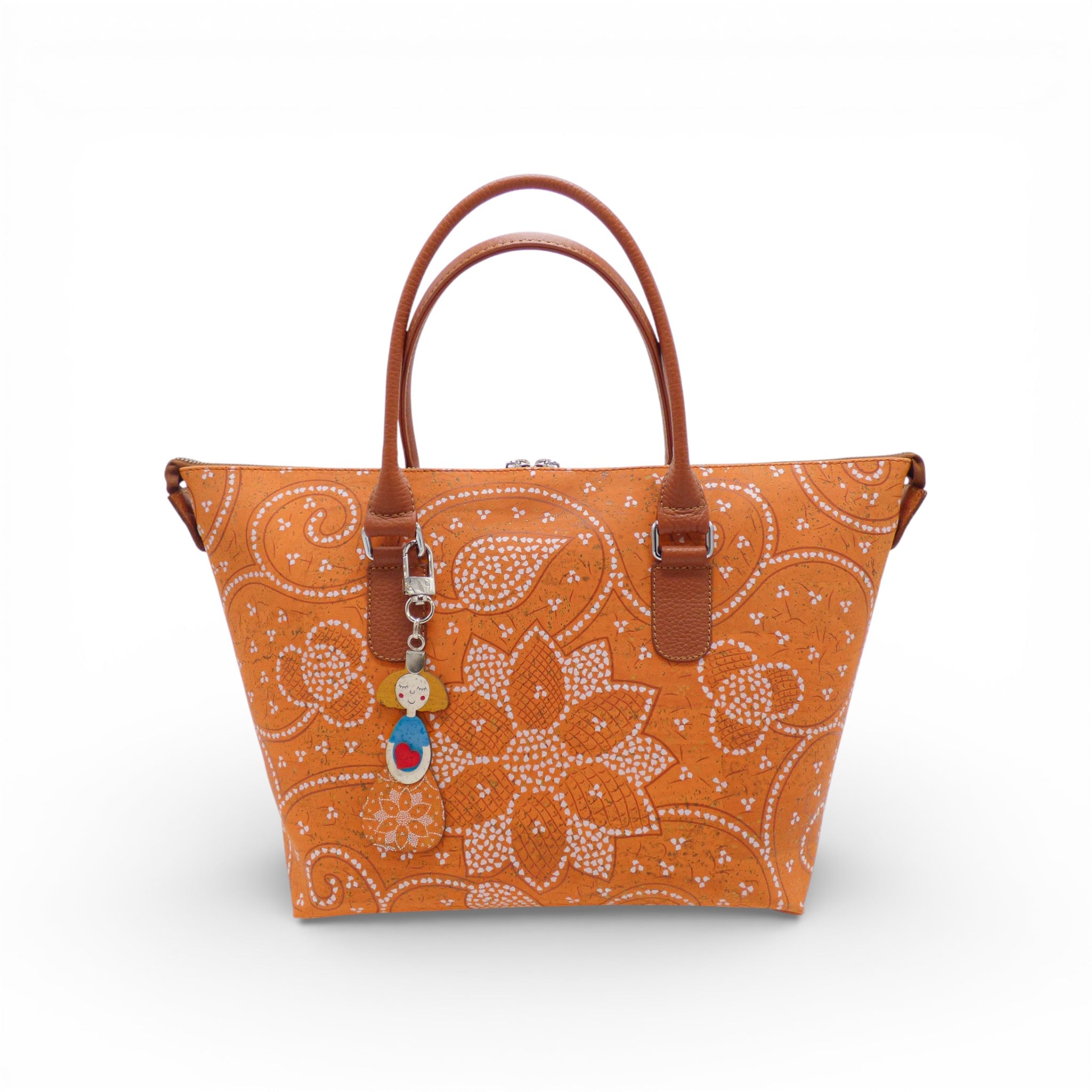 Face du grand sac cabas en liège imprimé paisley orange — Artipel, charm poupée, Portugal