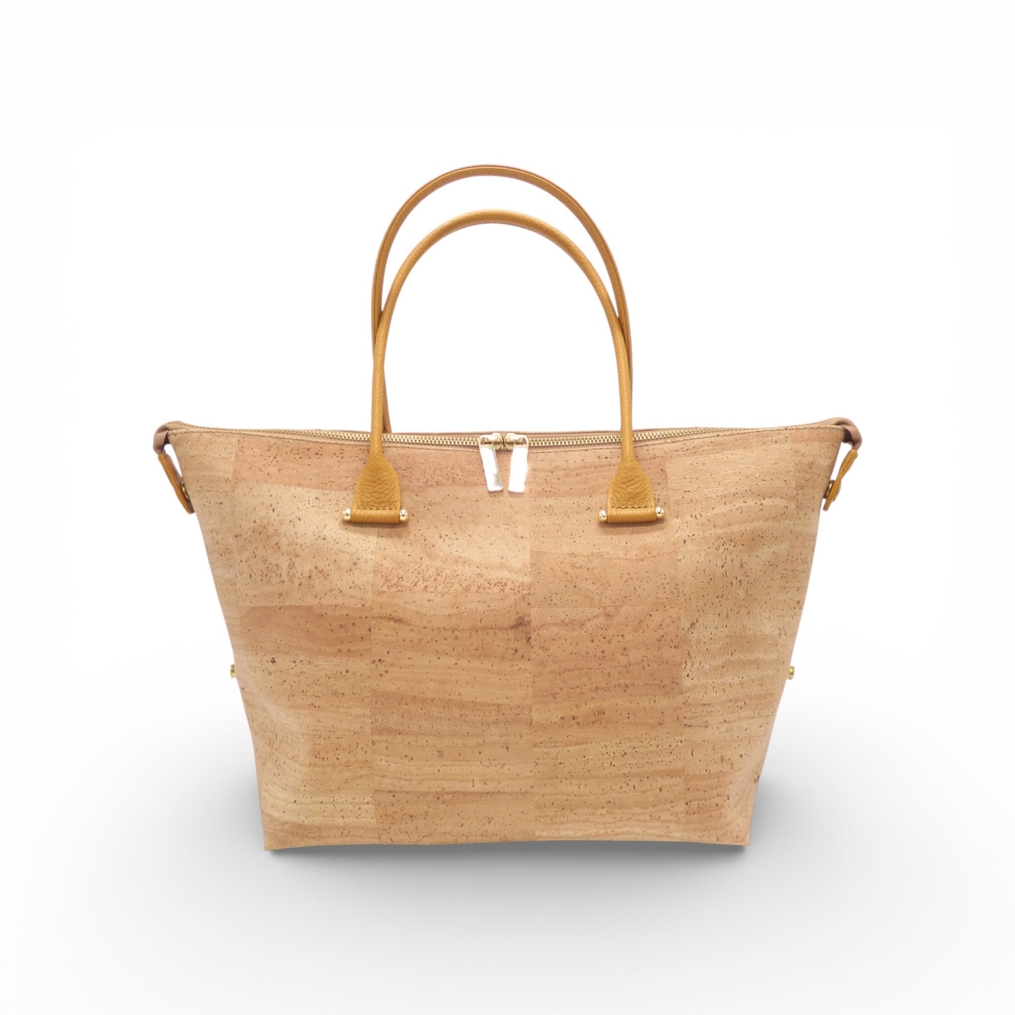Sac modulable évasé en liège naturel vu de face, zip doré — Artipel, bandoulière, Portugal