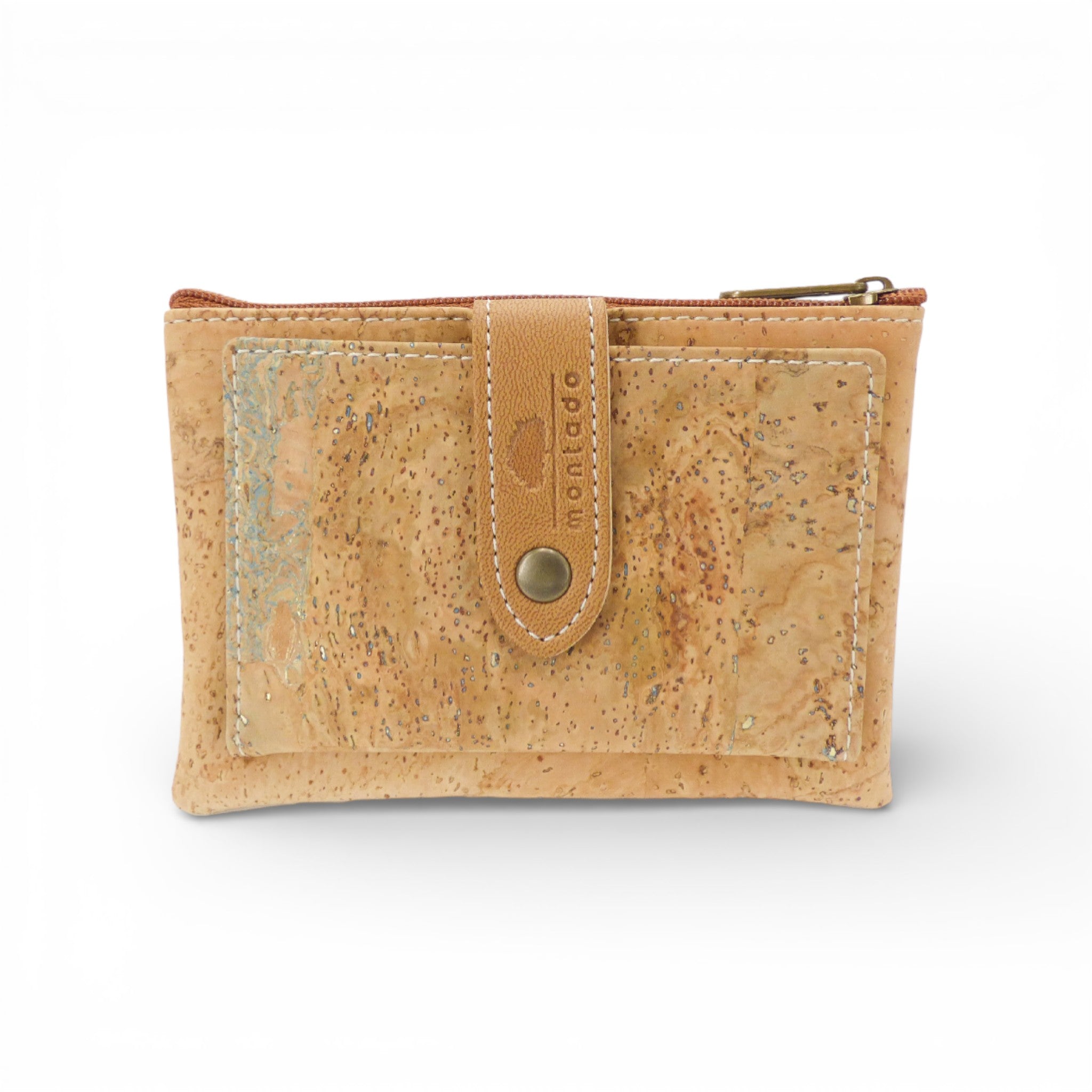 Porte-monnaie en liège naturel vue face — Montado, patte pression et zip laiton, Portugal