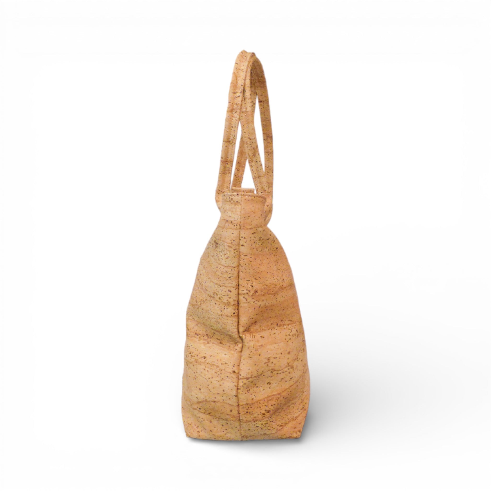 Profil d'un cabas en liège naturel — Cork Design, soufflet latéral, anses dressées, Portugal