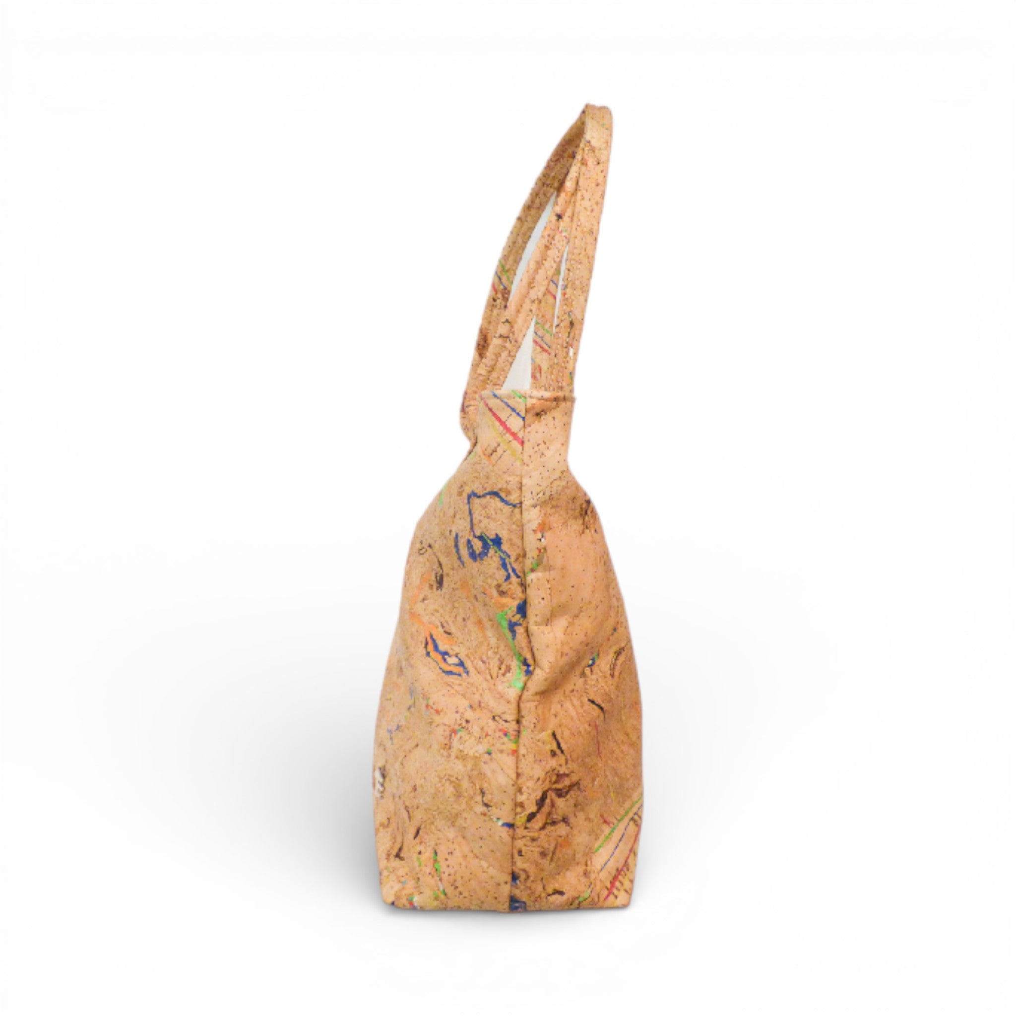 Profil d'un cabas en liège moucheté multicolore — Cork Design, soufflet latéral, Portugal