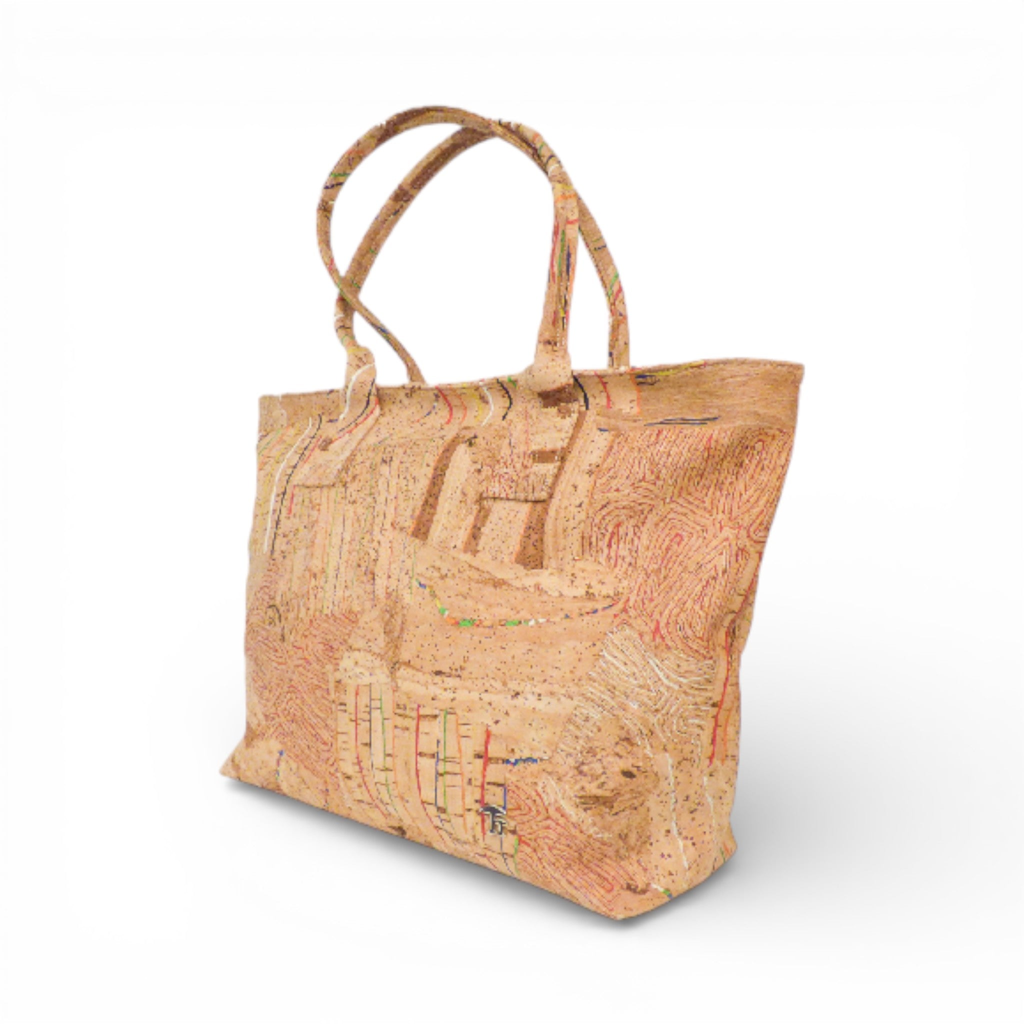 Sac cabas en liège naturel moucheté multicolore, trois-quarts — Cork Design, anses longues, Portugal