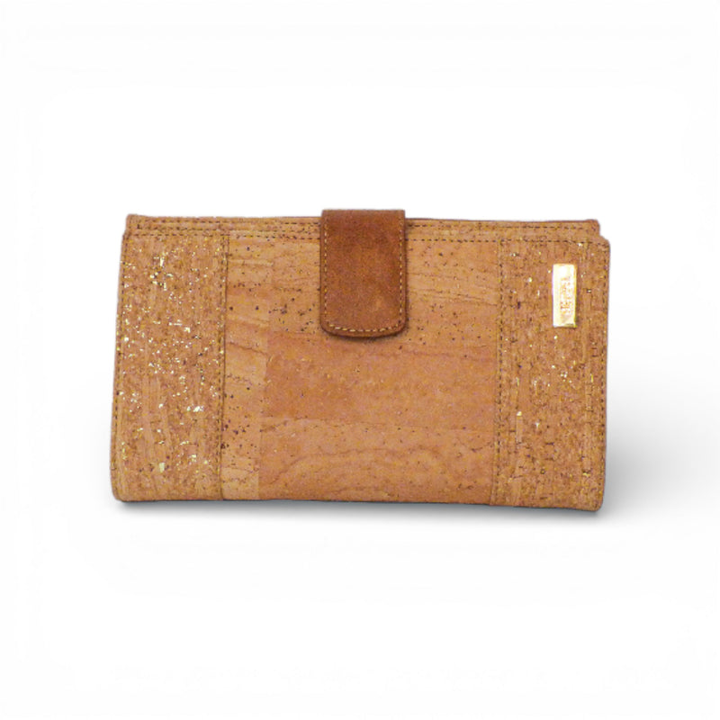 Portefeuille Compagnon fermé en liège pailleté or et cuir — Artipel, patte de fermeture cuir, Portugal